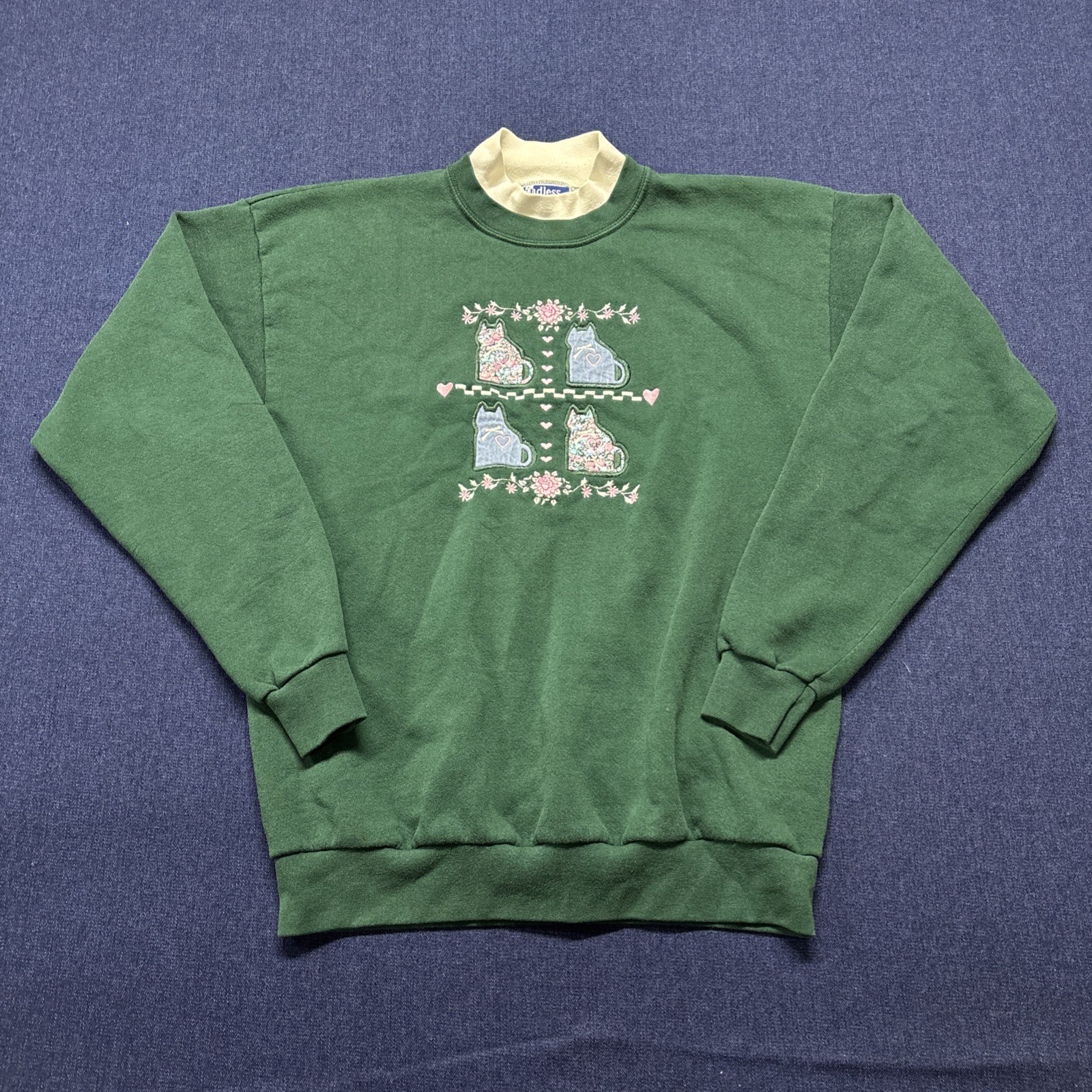 Vintage 90s Endless Designs Embroidered Cat Sweat Shirt Green L USA