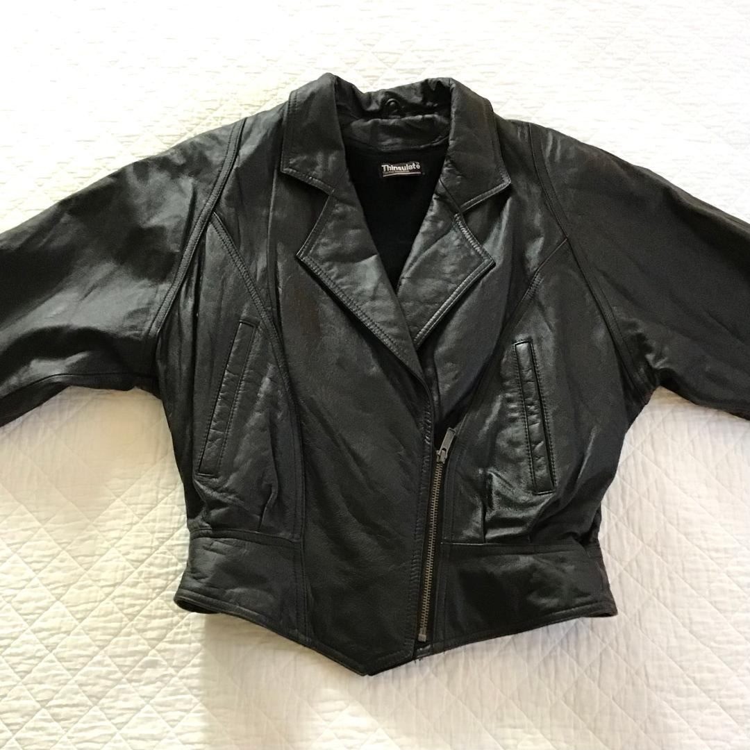 Vintage Wilsons Black Leather Moto Jacket Thinsulate Tie Up Back Biker Coat Sz S