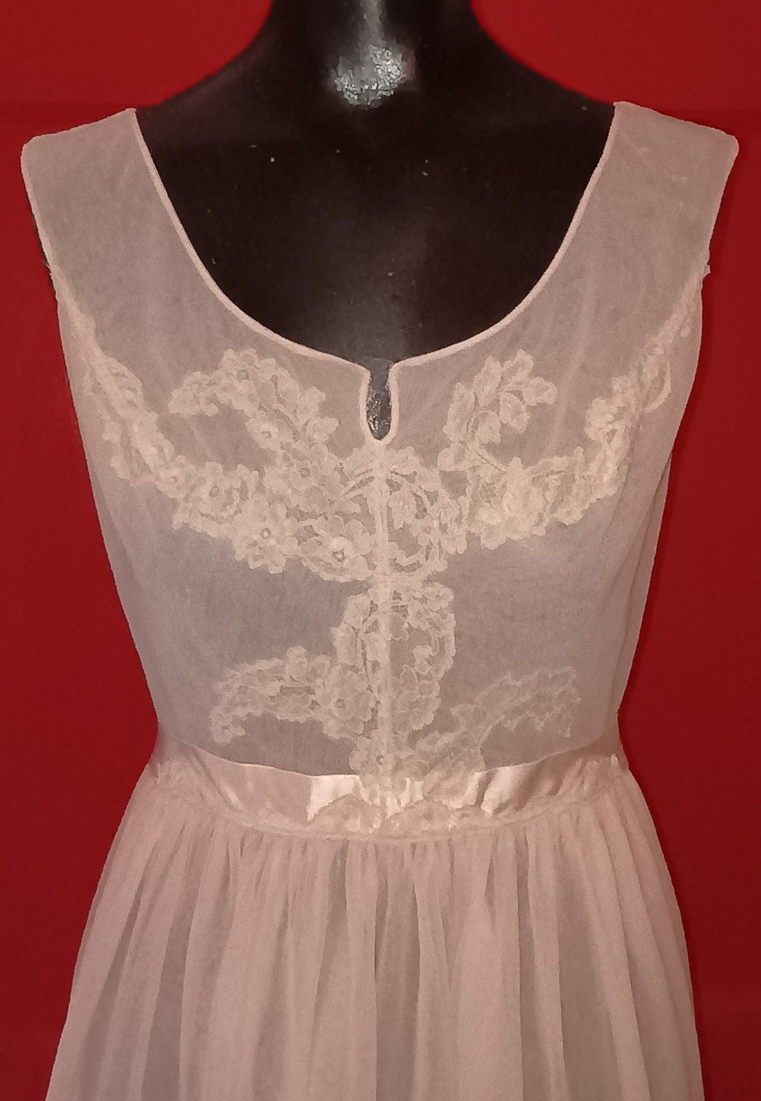 Vtg Luxite by Kayser Pink Dbl Sheer Nylon Chiffon Nightgown Sz 34 Lace