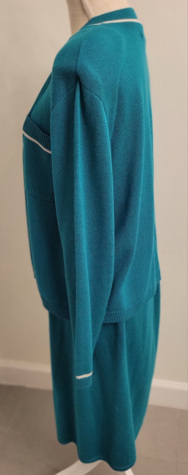 Knit Skirt Suit Lg 2pc Laura byAlyzia 70’s Teal Green Shoulder Pad USA Evc Vtg