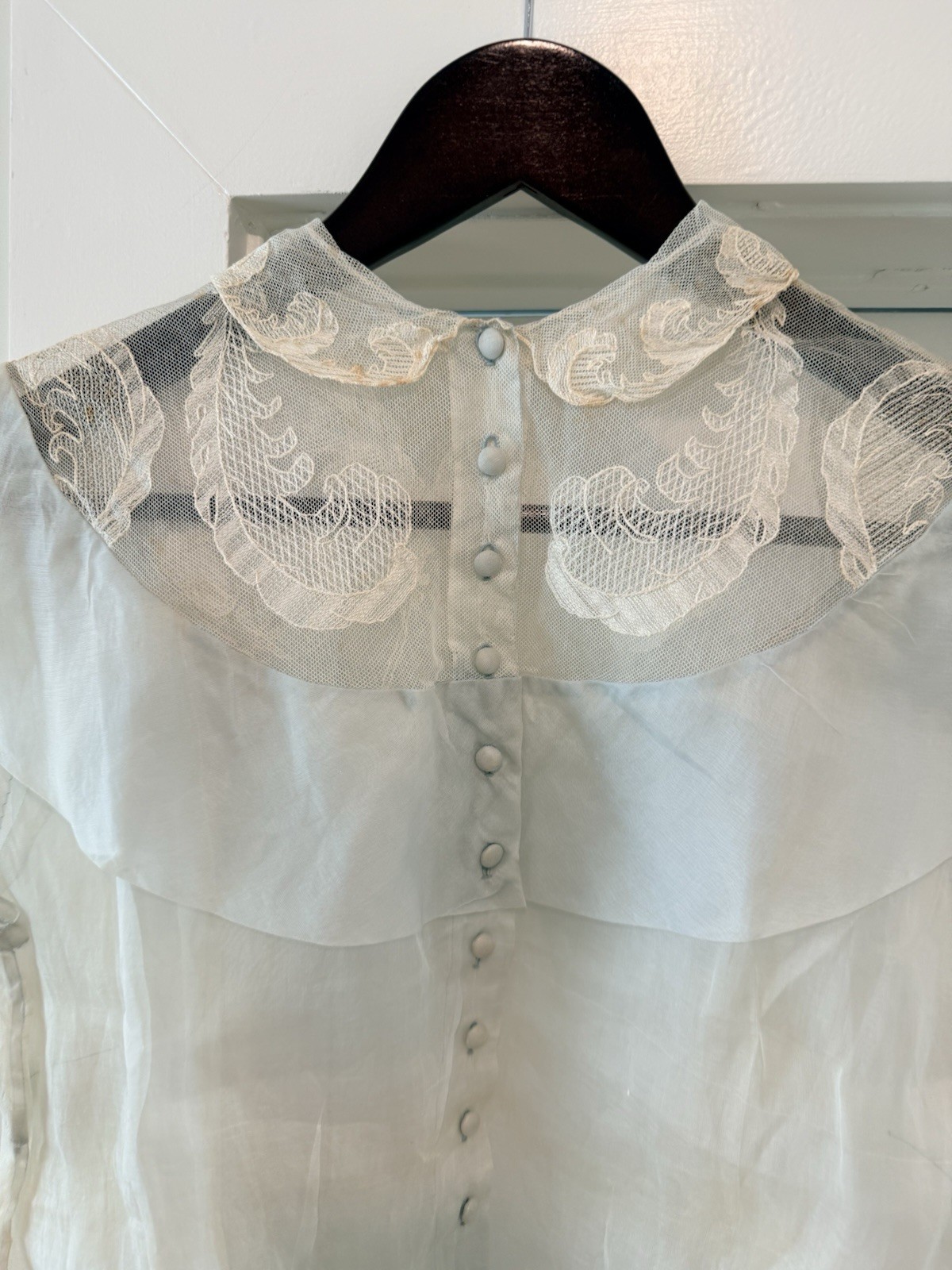 Vintage 1930s Sheer Blue Organdy Blouse Embroidered Lace Ruffle Collar Art Deco