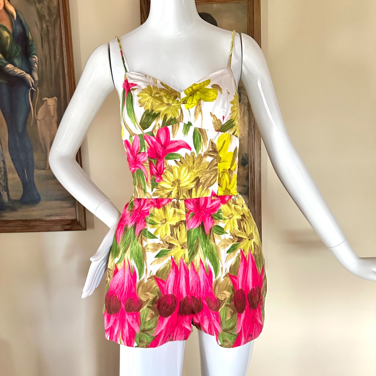 Vintage 1950s Kahala Electric Floral Hawaiian Pin-up Swimsuit Playsuit Romper S