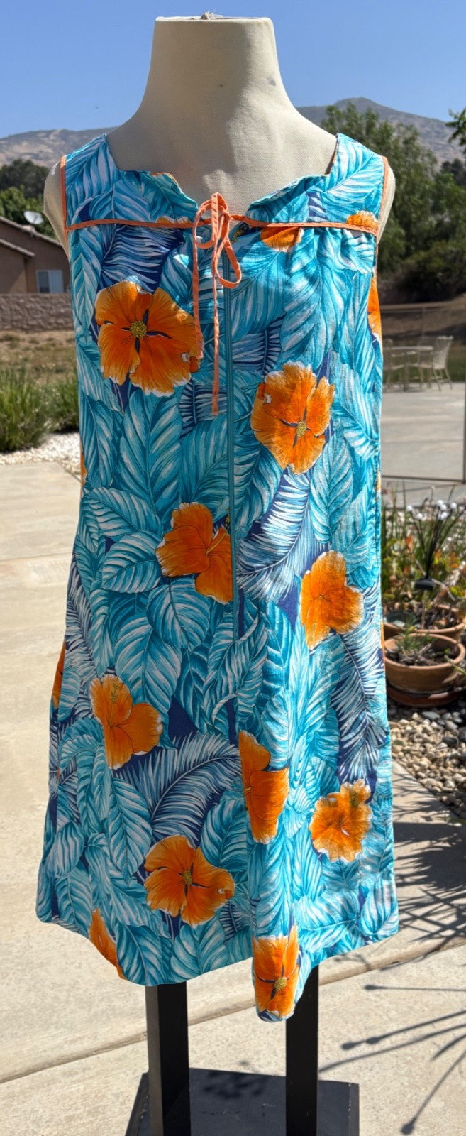Vintage 80s Hawaiian MuMu Dress Kaftan Bathing Suit Cover Blue/ Orange Flowers