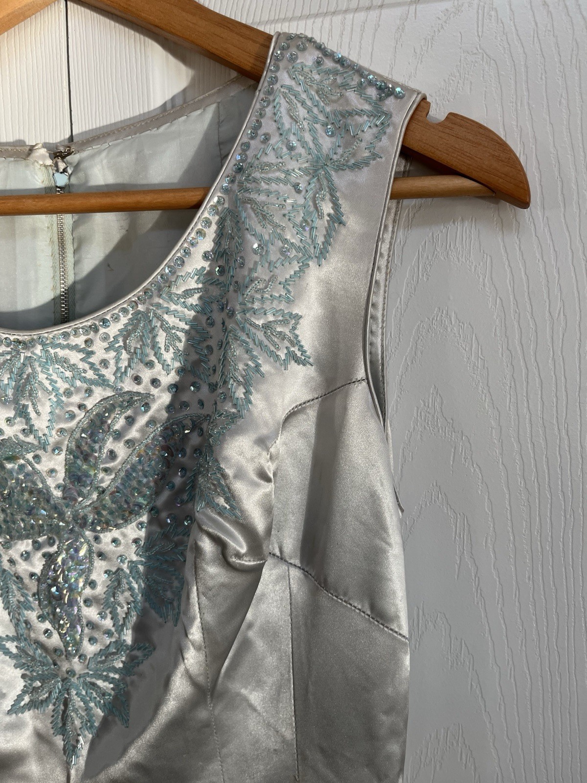 VTG 50/60s Satin Hand Beaded Sequin Light Blue Sheath Dress Sz Small Fish Koi