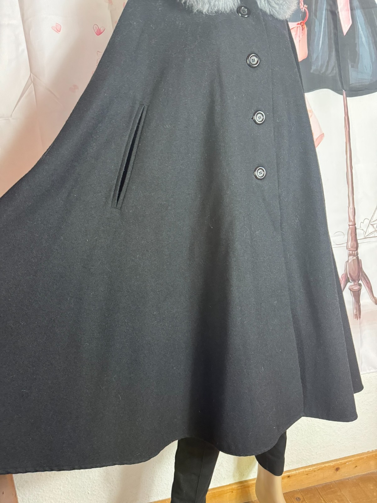 ✨ Vintage Couture Cape 60s Black Wool Cape Real Fur Collar Old Money XL