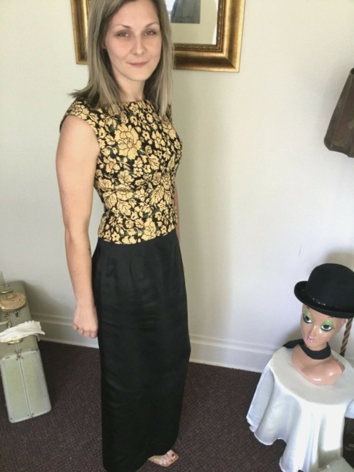 50’s Vintage Black Gold Brocade Sleeveless Sheath „Stephen O’Grady” Formal Set