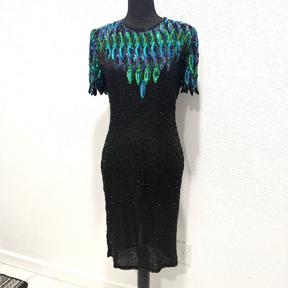 Vintage Stunning Black 100% silk Dress with Green and Blue Sequins 6