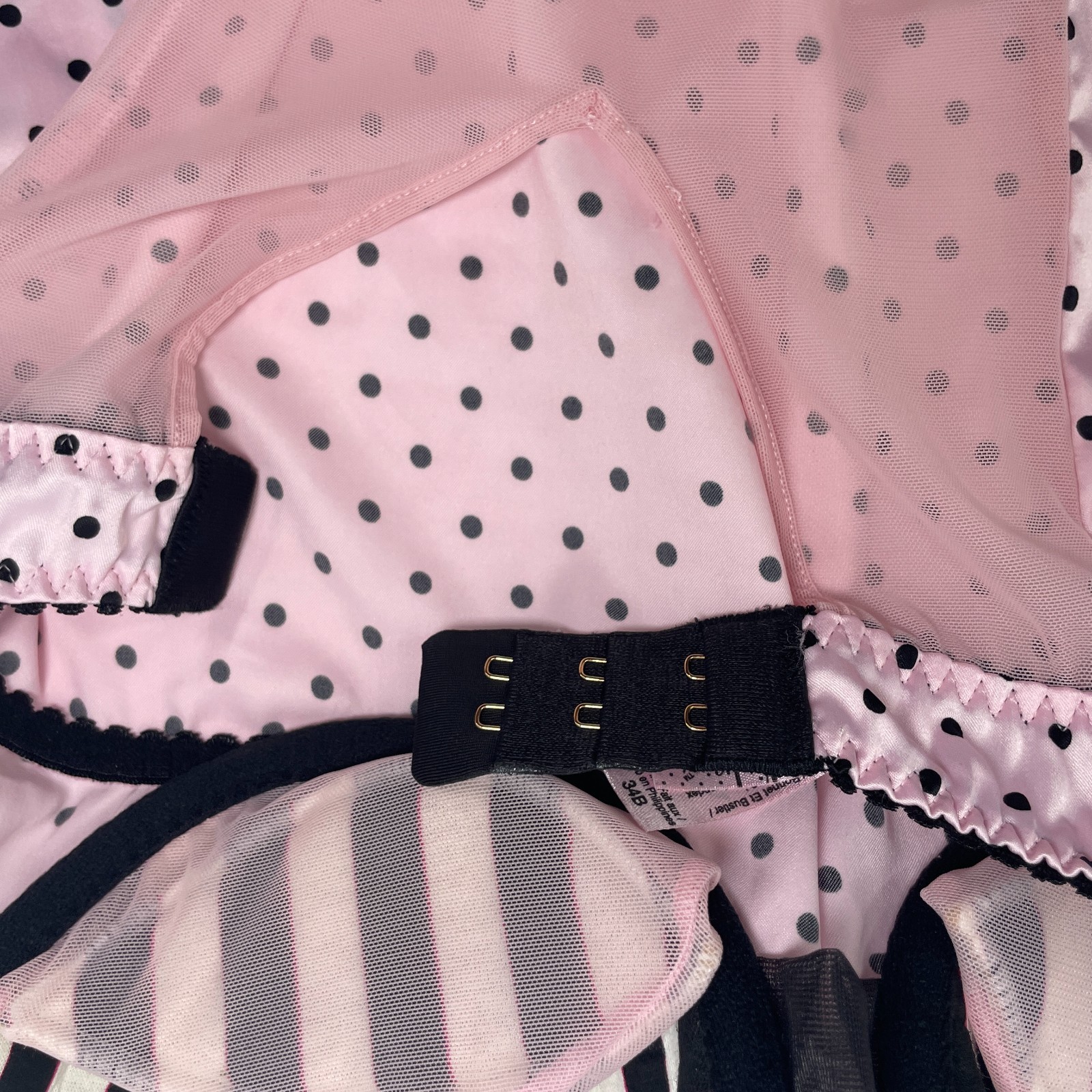 VTG Victorias Secret Y2K Milkmaid Cami Pink Black Polka Dot Lace Trim 34B Pin Up
