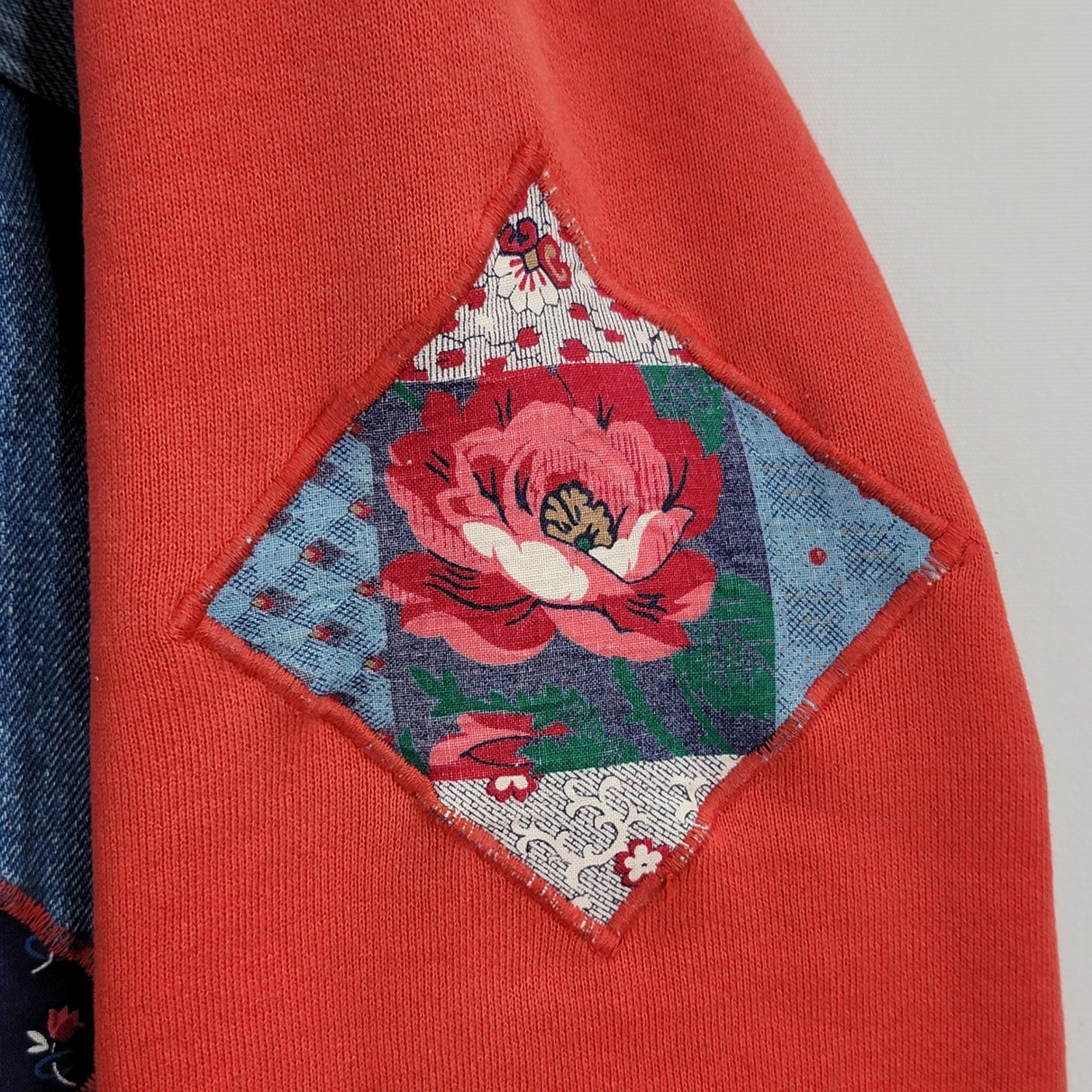 Vintage Reworked Denim Patchwork Jacket Red Sweatshirt Womens XL Pre-owned