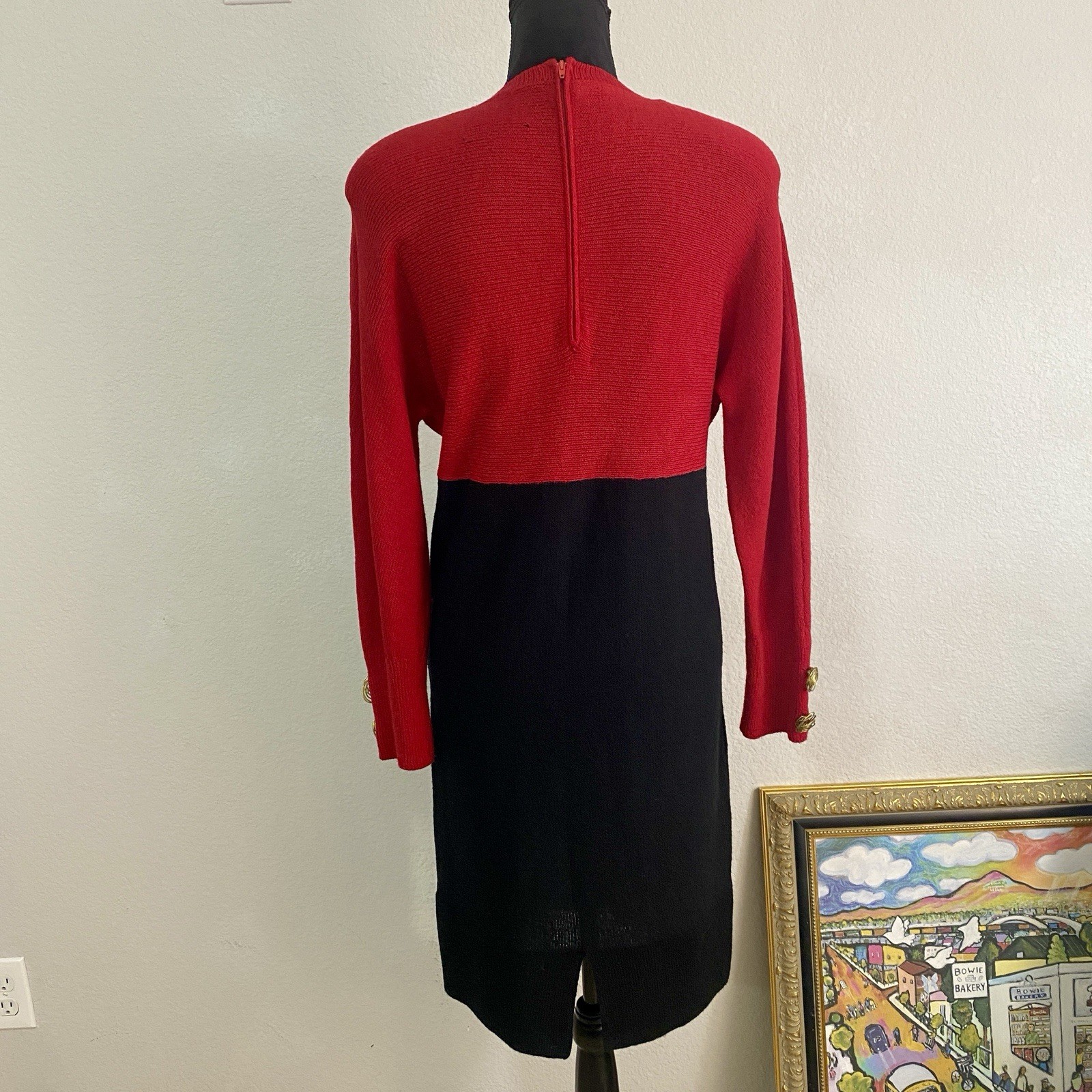 Steve Fabrikant Vintage Knit Dress Red Black Gold Button Wool Blend *Flaw In Pic