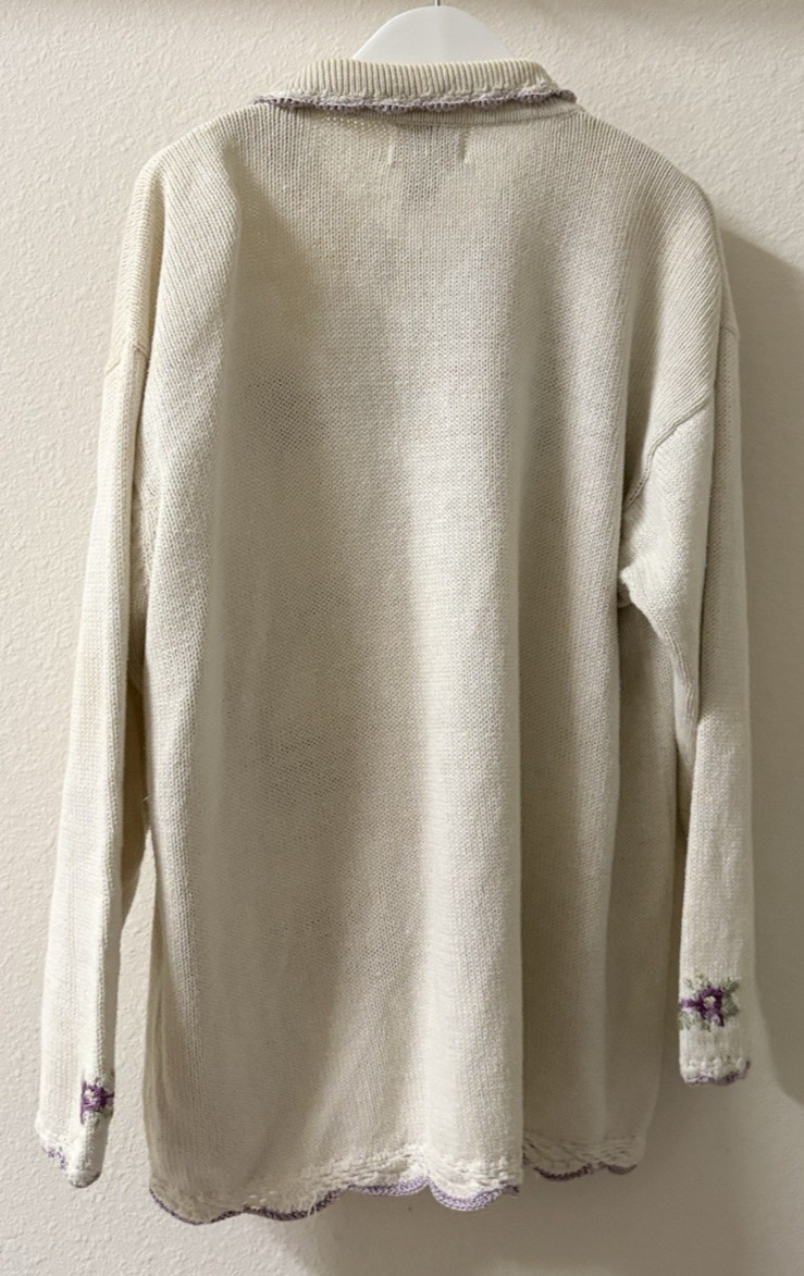 Vintage 90s Jenny White Knit Cardigan Purple Floral Embroid Grannycore Women’s L