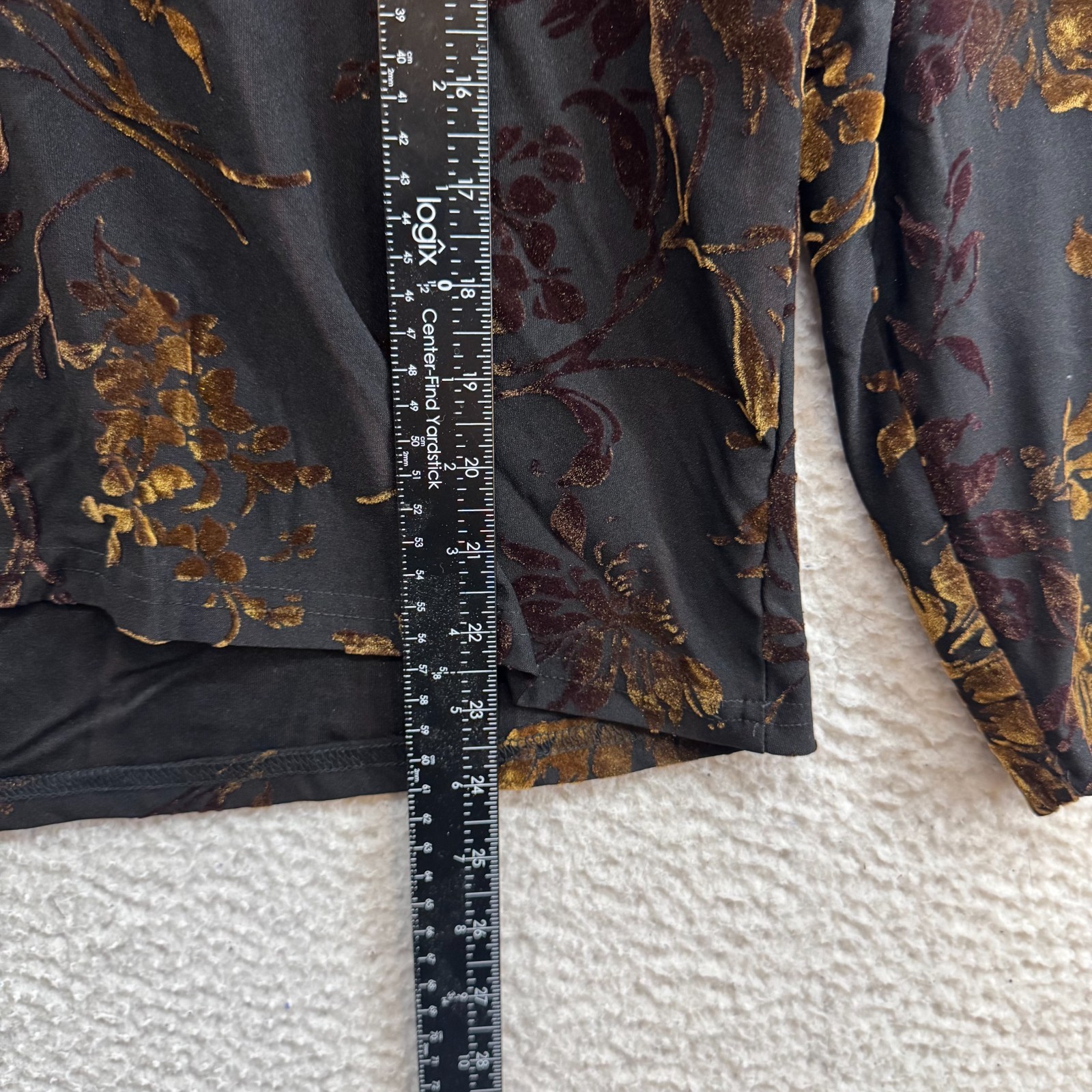 90s Vintage Top XL Black Floral Slinky Stretch Long Sleeve V-Neck Boho Grunge