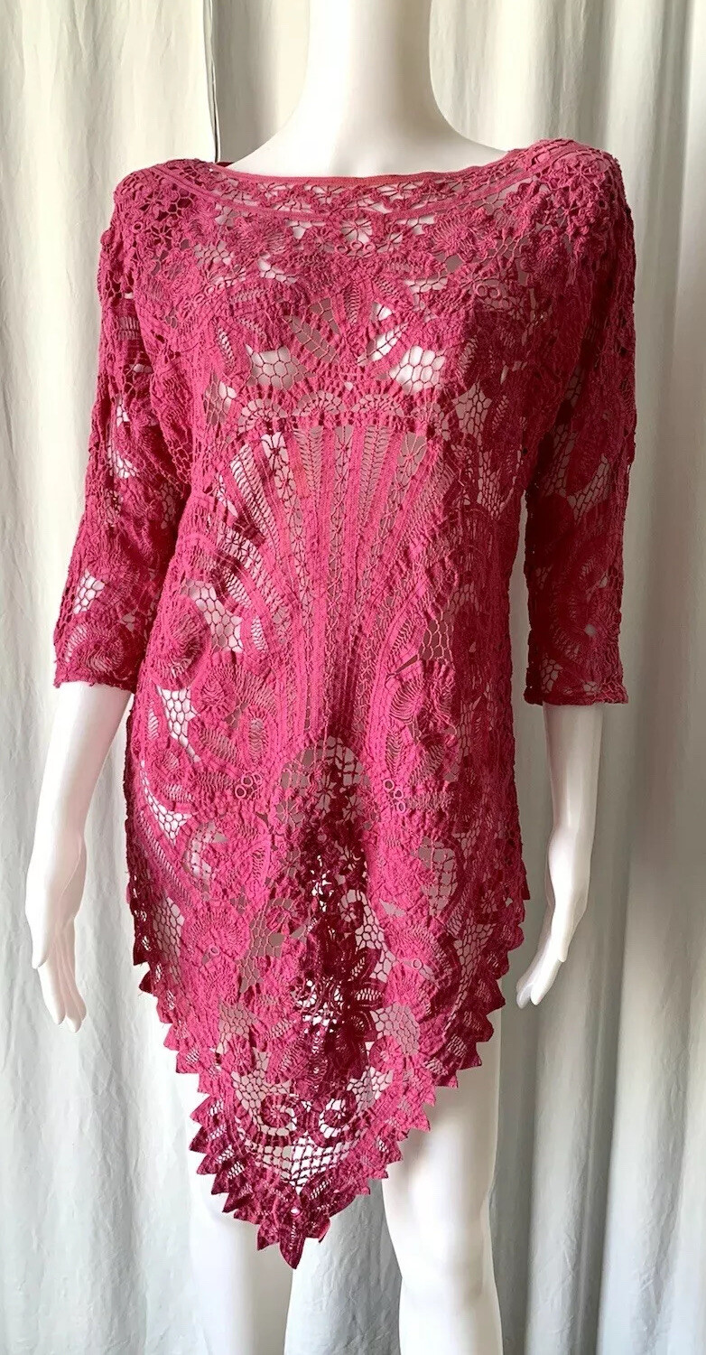 Vintage 80s Alachka Original Cotton Lace Pink Asymetrical Dress Tunic S/M