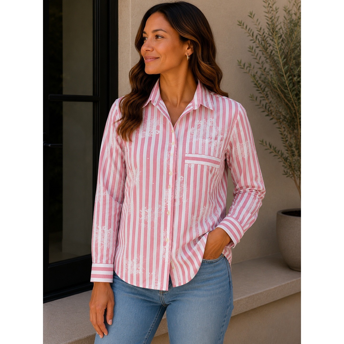 Vintage 90’s Oak Hill Red White Striped Floral Button Down Shirt Size 8 Made USA
