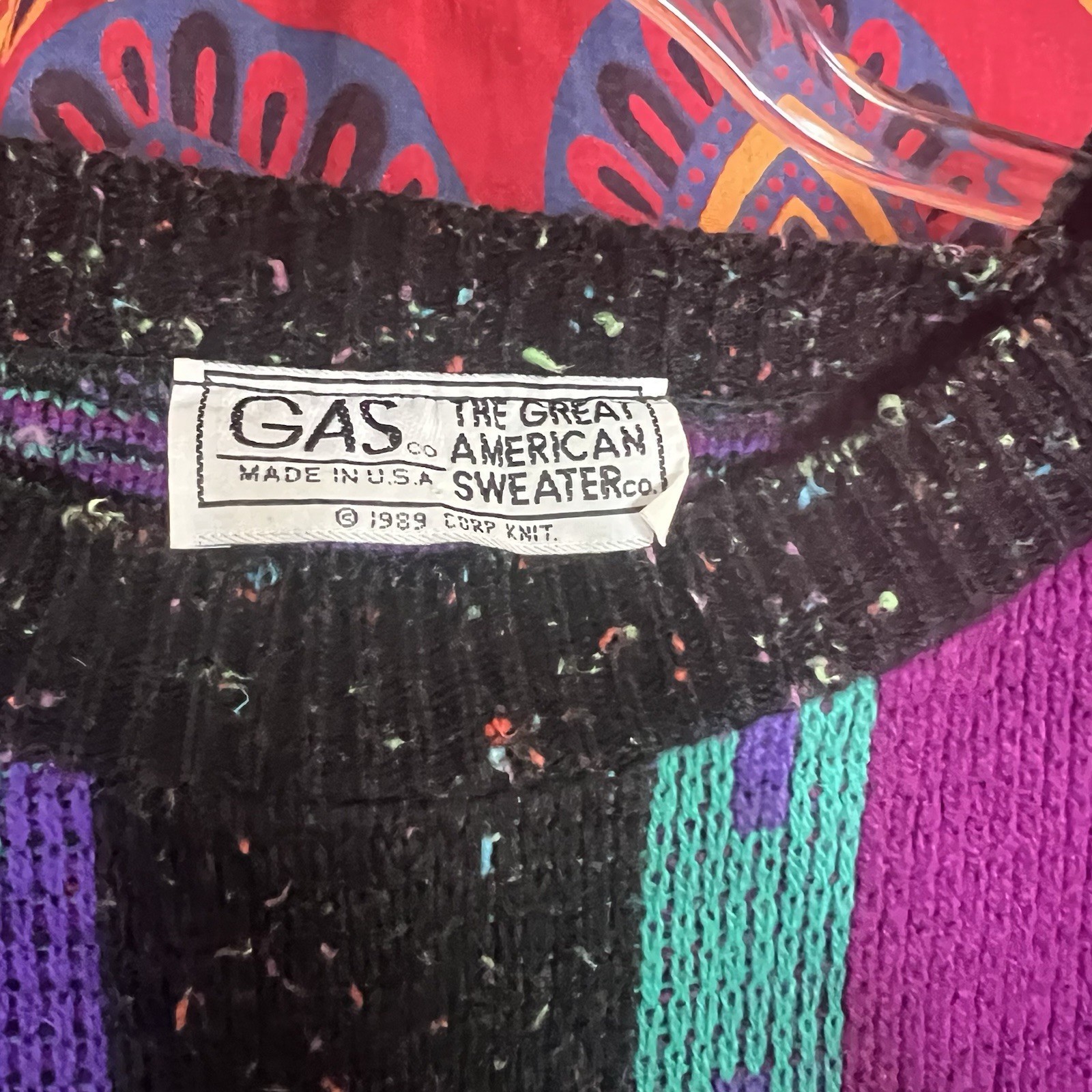 Vintage GAS Sweater 1989 Retro Wool Black Purple Medium PTP 22in Length 25in