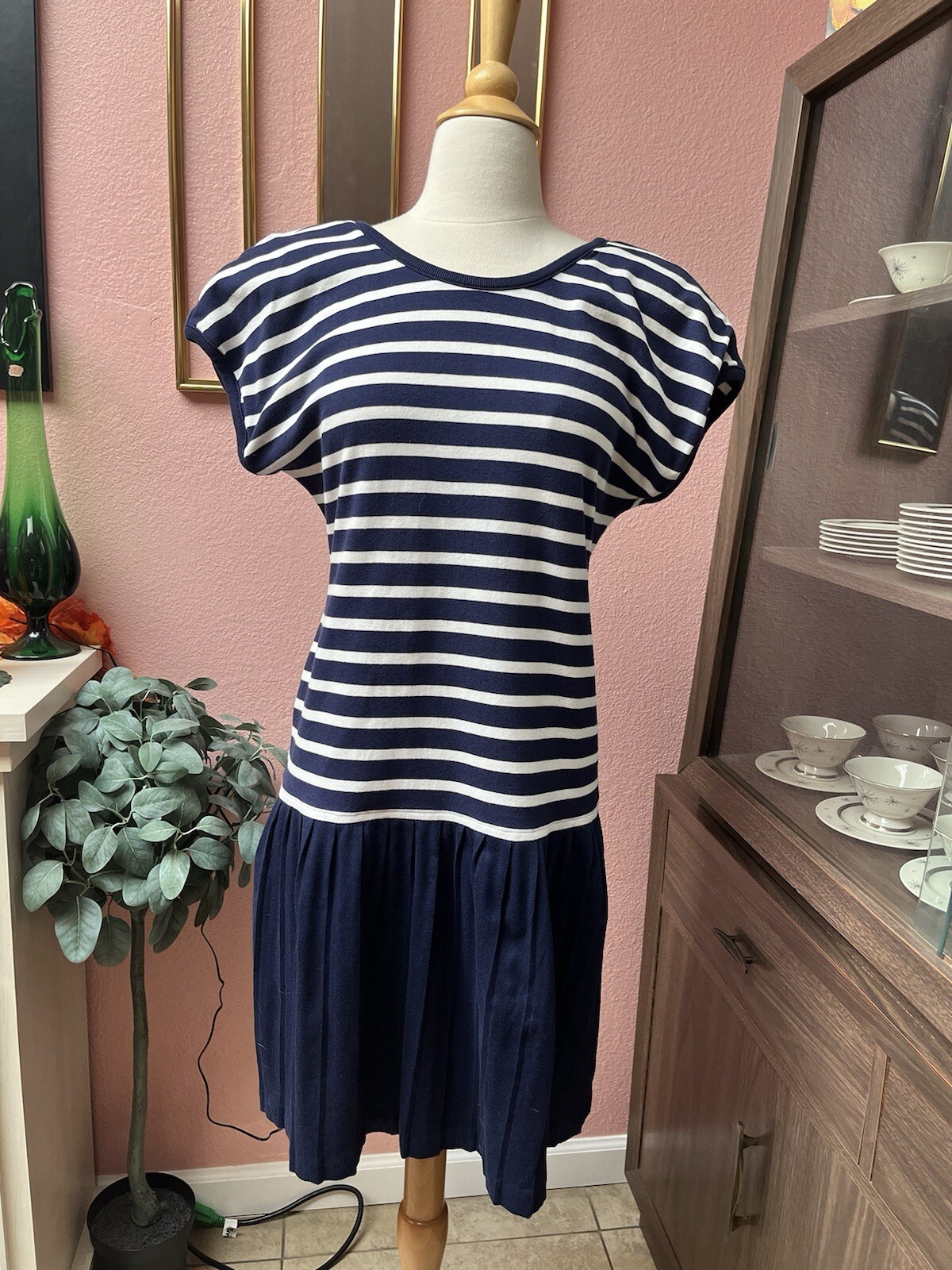 Vintage 90s Michel Klein Nautical Dress w/ Navy And White Stripes and Drop Waist