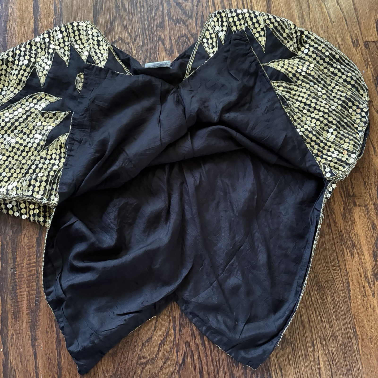 Vintage NIRAJ Silk Sequin Butterfly Blouse Top Black Gold Batwing Dolman Size M