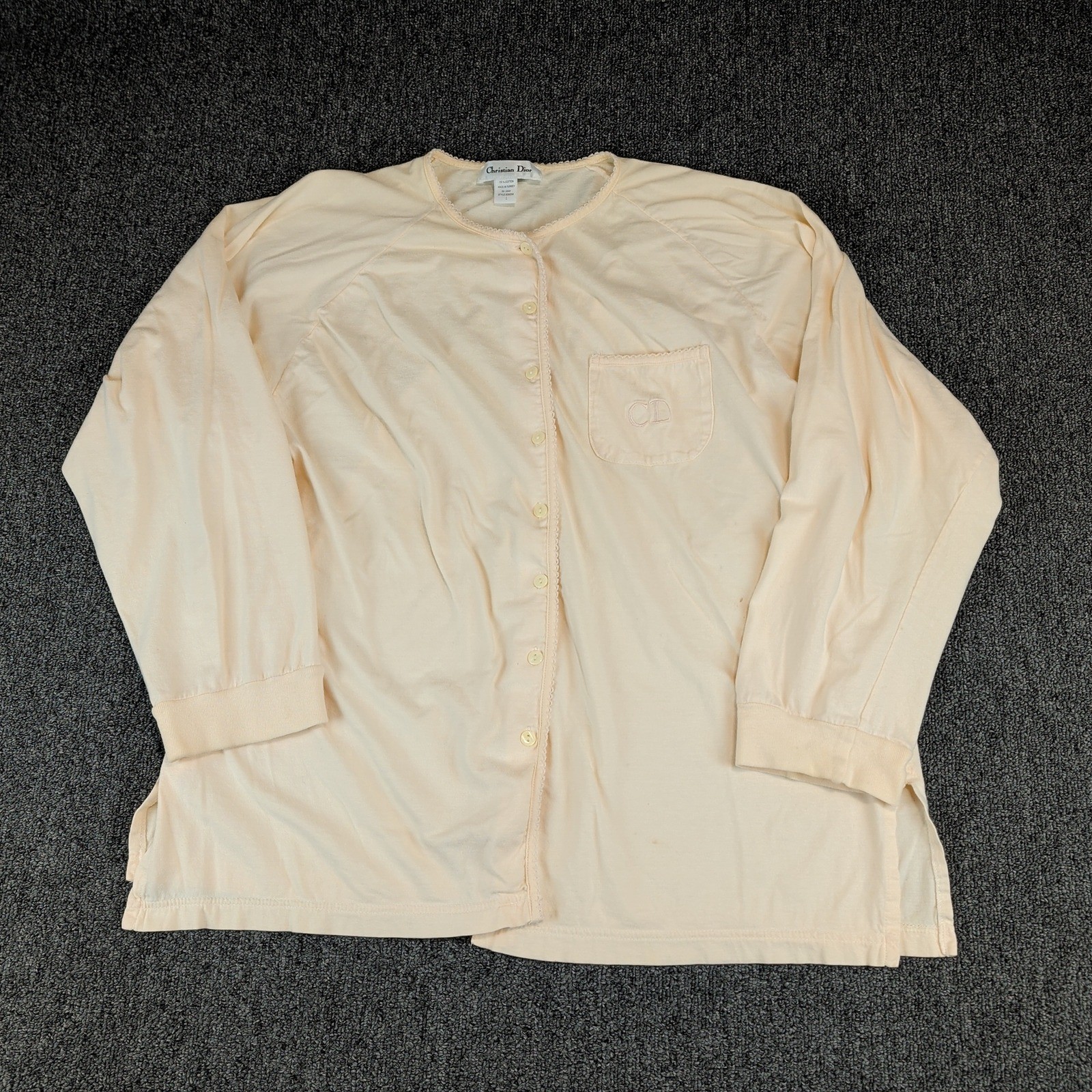 Christian Dior Vintage Loungewear Top Women L Peach Cotton Button Sleep Shirt