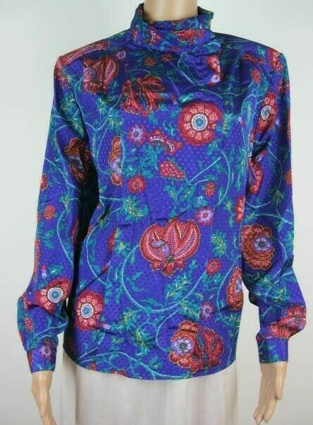 Pykettes Vintage Blouse Size 14 Purple Red Green Long Sleeve Hidden Button Front
