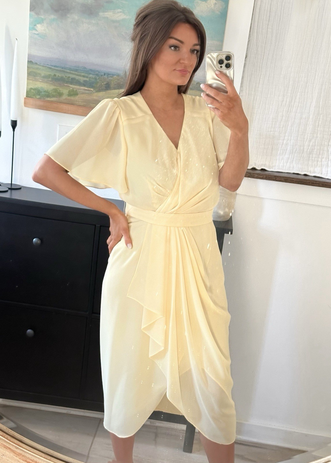 Vintage Miss Elliette California Size 12 Butter Yellow Ruffle Belted Midi Dress