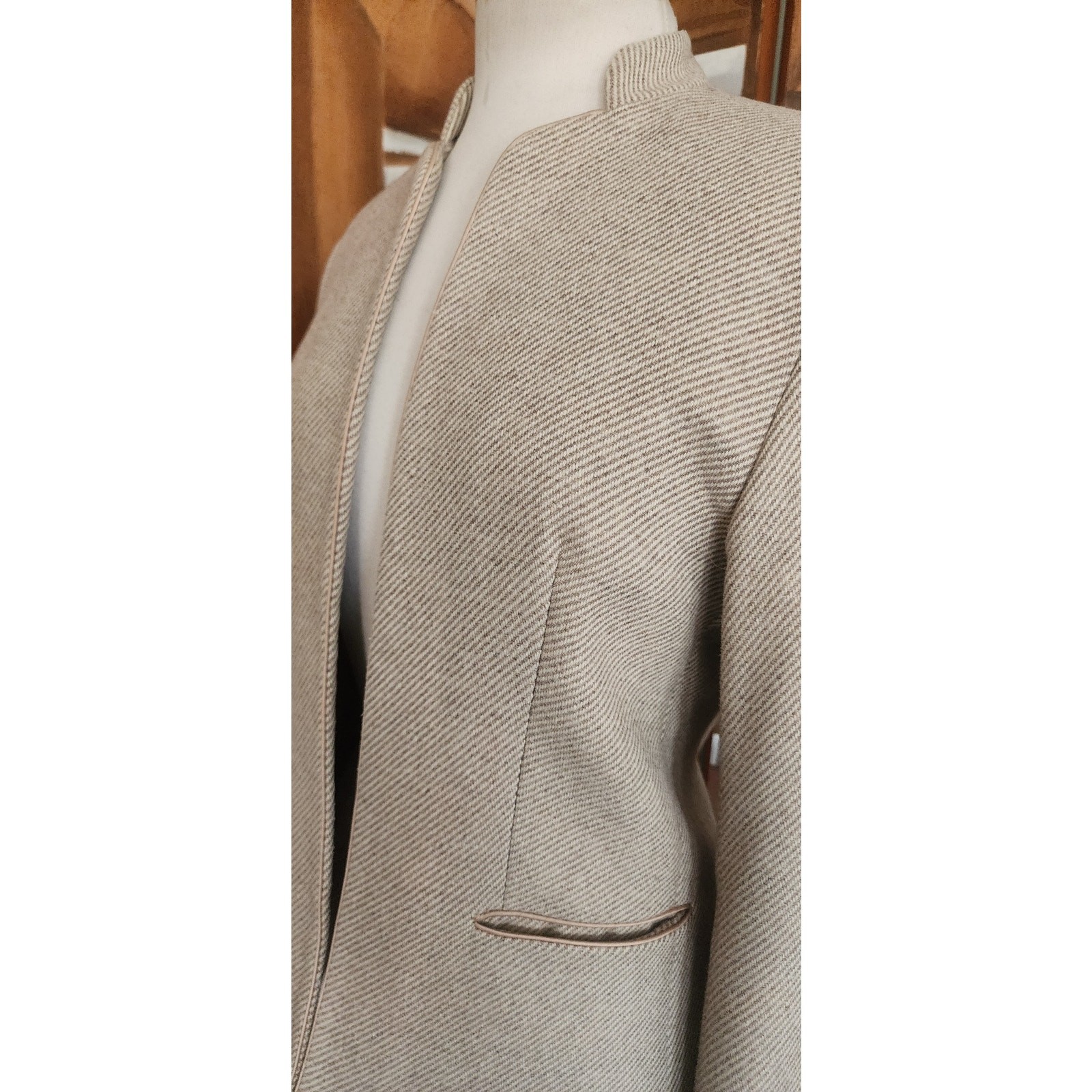 Vintage 70s Bally Blazer Beige Wool Band Collar Jacket Medium