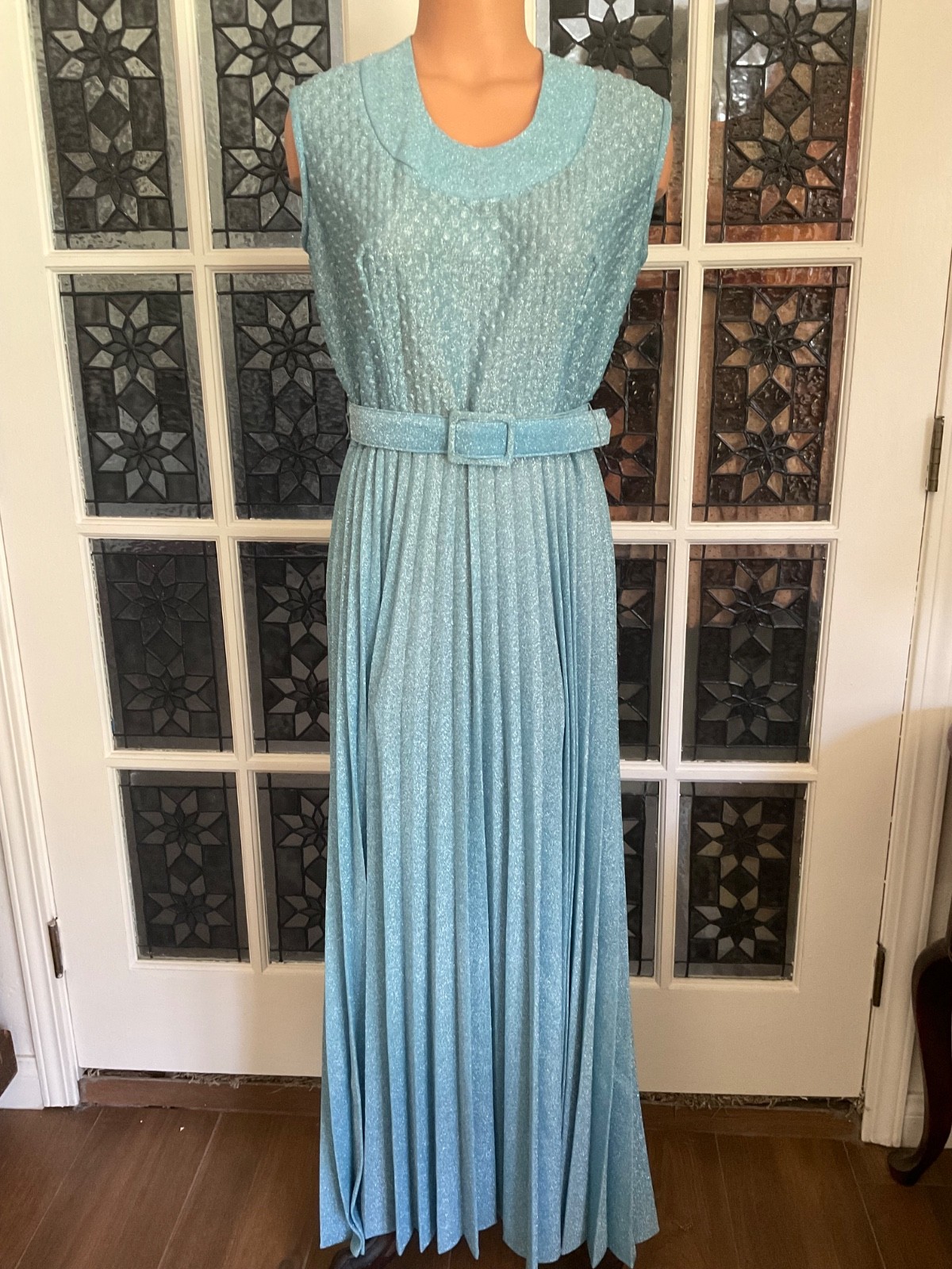 Vintage 1960s Blue Glittery Pleated Belted Maxi Dress with Matching Jacket Sz 14