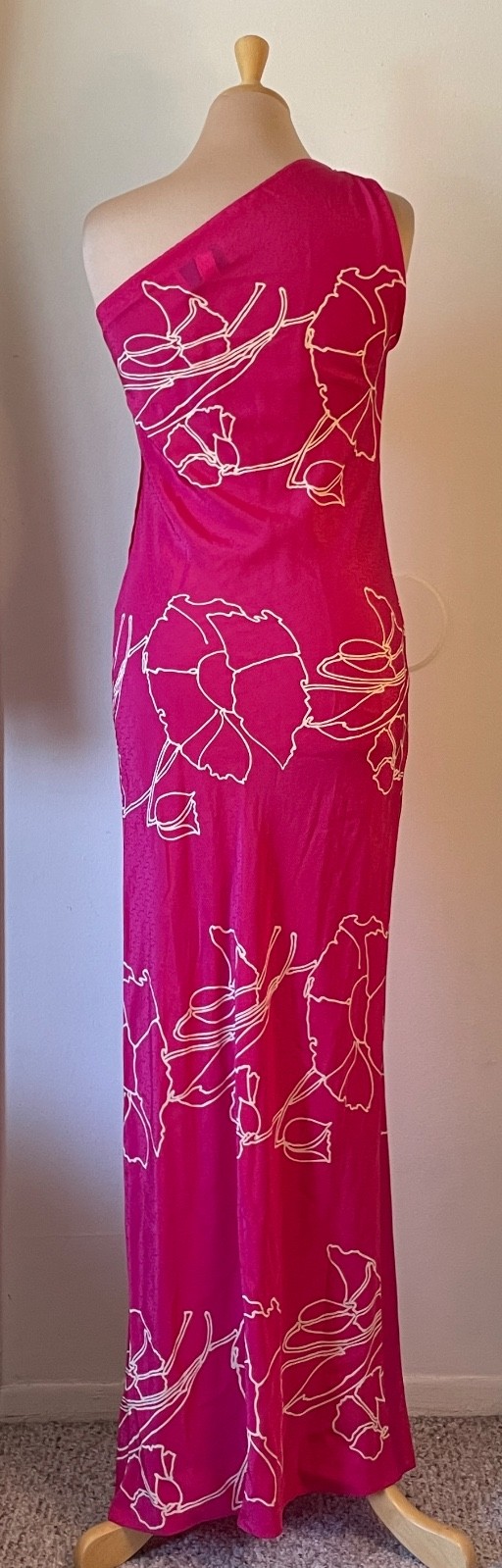 Vintage Joan Leslie Kasper Size 6 One Shoulder Maxi Dress Magenta Pink & White