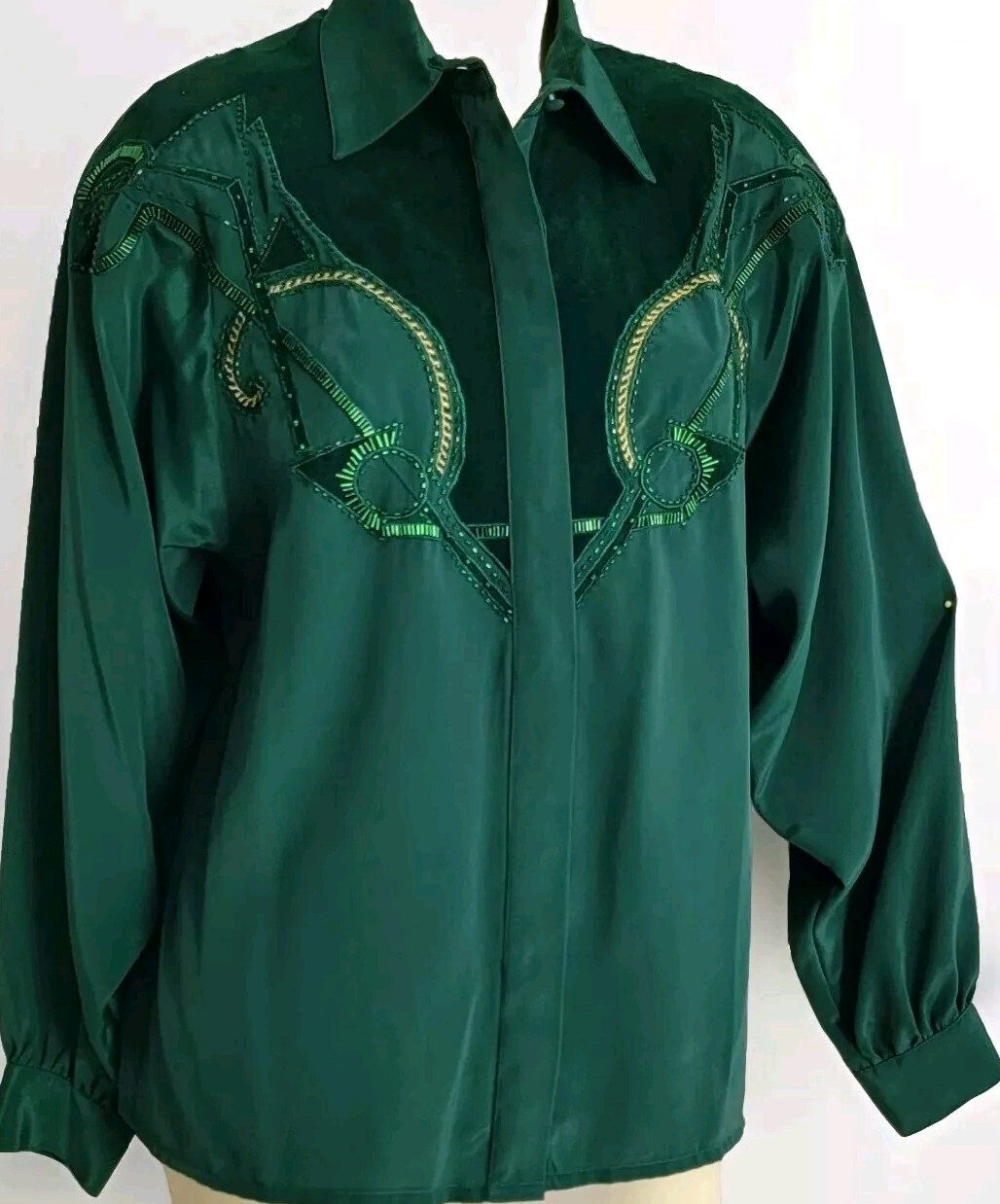 VTG Western Cowgirl Rodeo Baroque Sequin Suede Beaded Embroidery Blouse Green M
