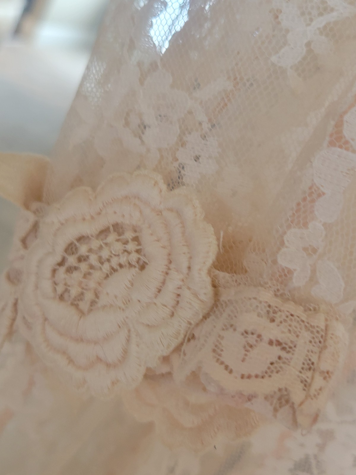 VINTAGE 1970S LORRIE KABALA SHEER NUDE LACE WEDDING DRESS Size XS BEAUTIFUL