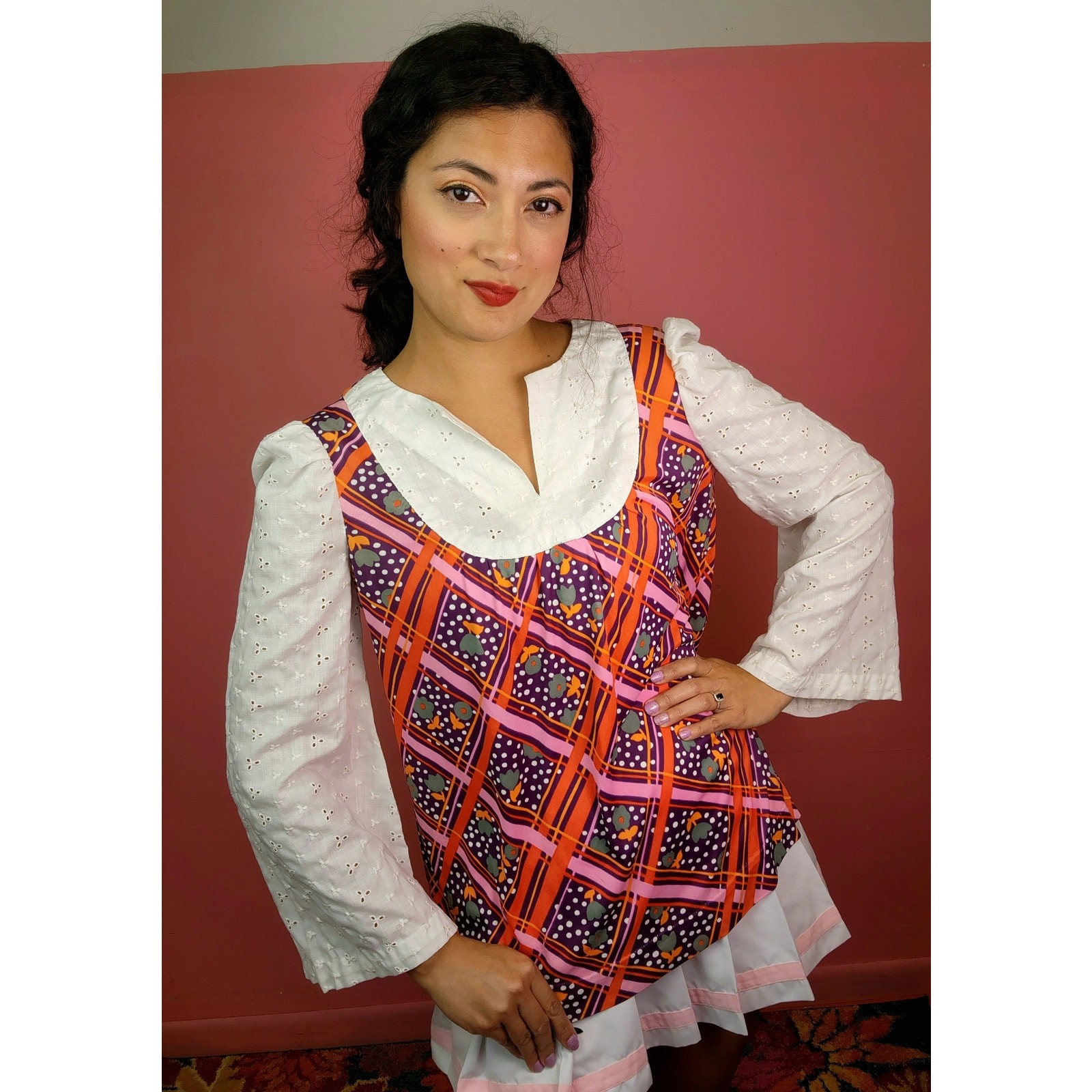 Vintage 1970’s Purple Psychedelic Boho Lace Eyelet Bell Sleeve Top