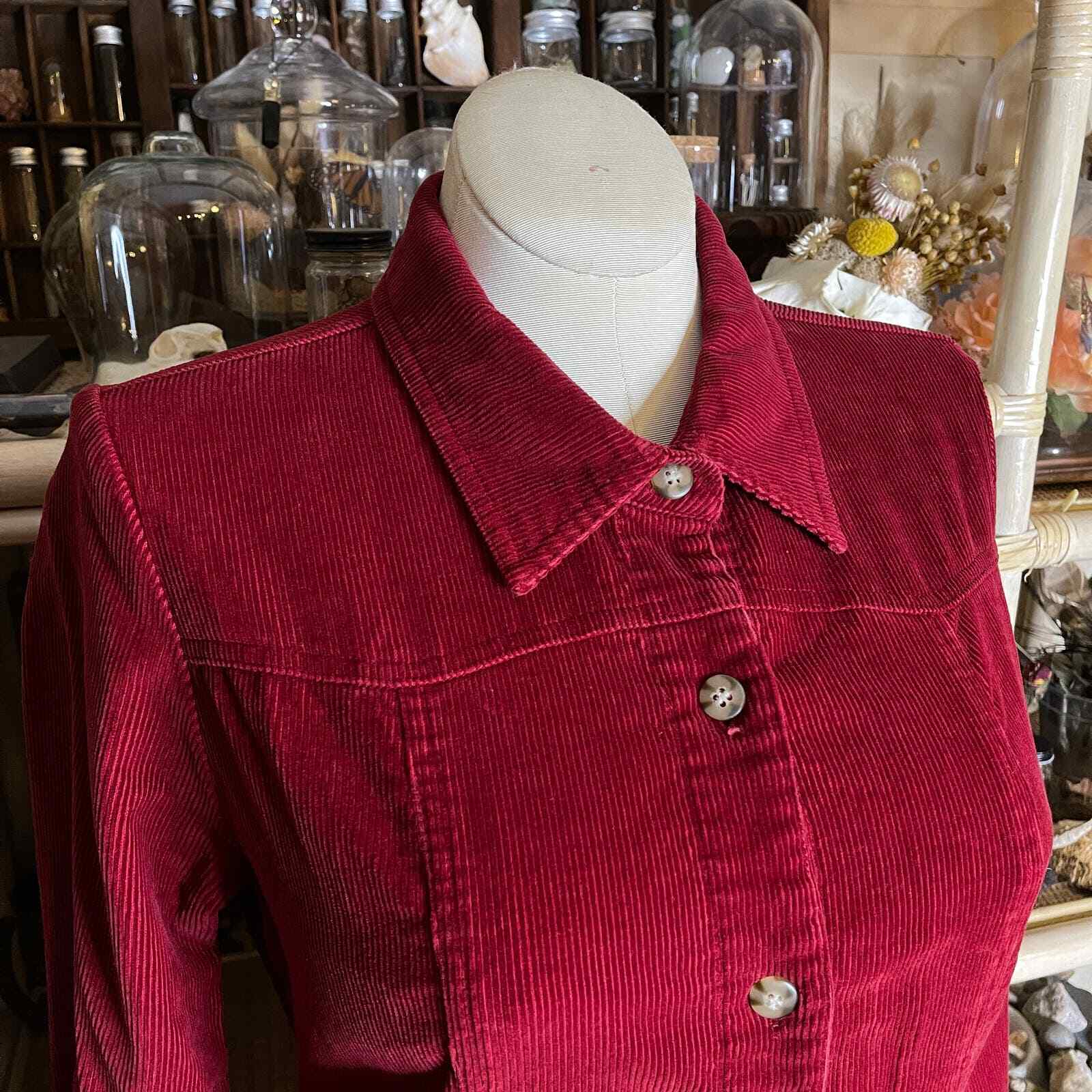 Vintage 90s Red Corduroy Dress Long Sleeves Button Front Midi Chelsea Studio 14P