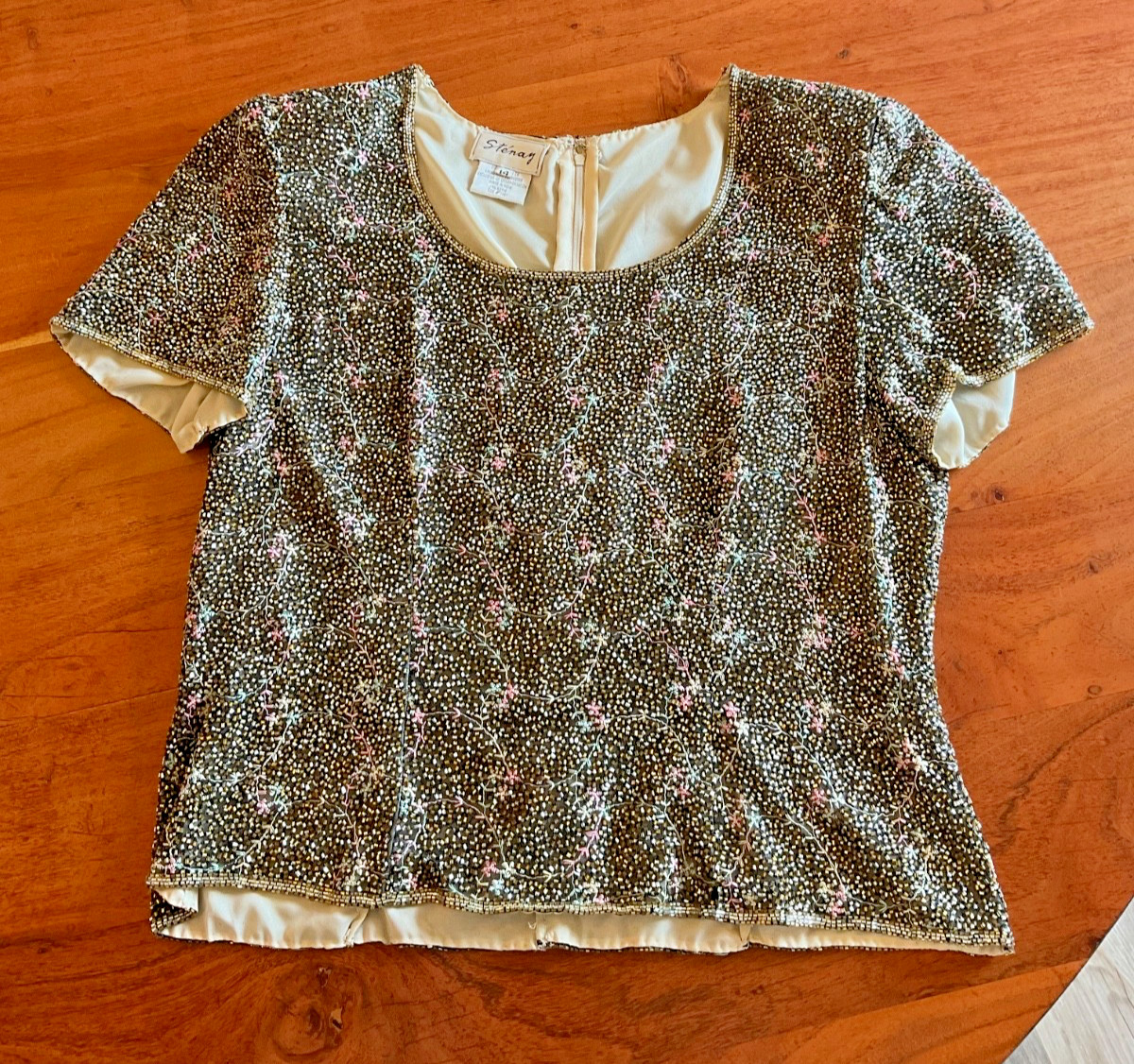 Vintage 1980s Stenay 100% Silk Beaded and Sequined Top Blouse Size 14 Petite