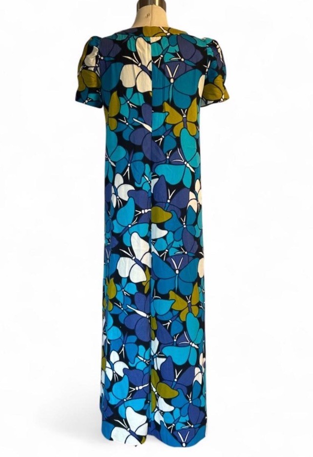 Handmade late 1960s/early 70s Hawaiian cotton barkcloth butterfly maxi dress S/M