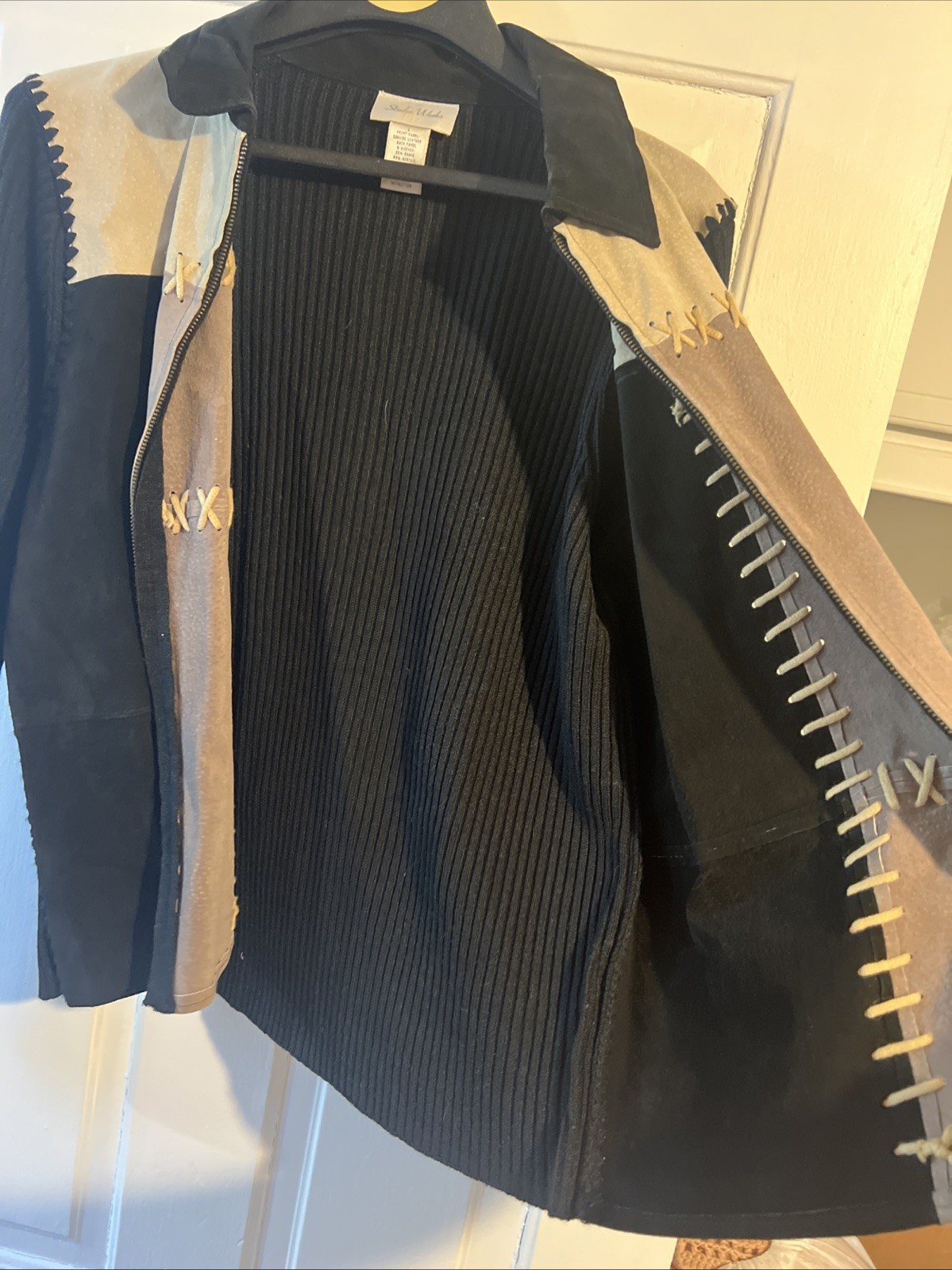 Studio Works Women’s Black Brown Patchwork Genuine Leather Zip Jacket Size L