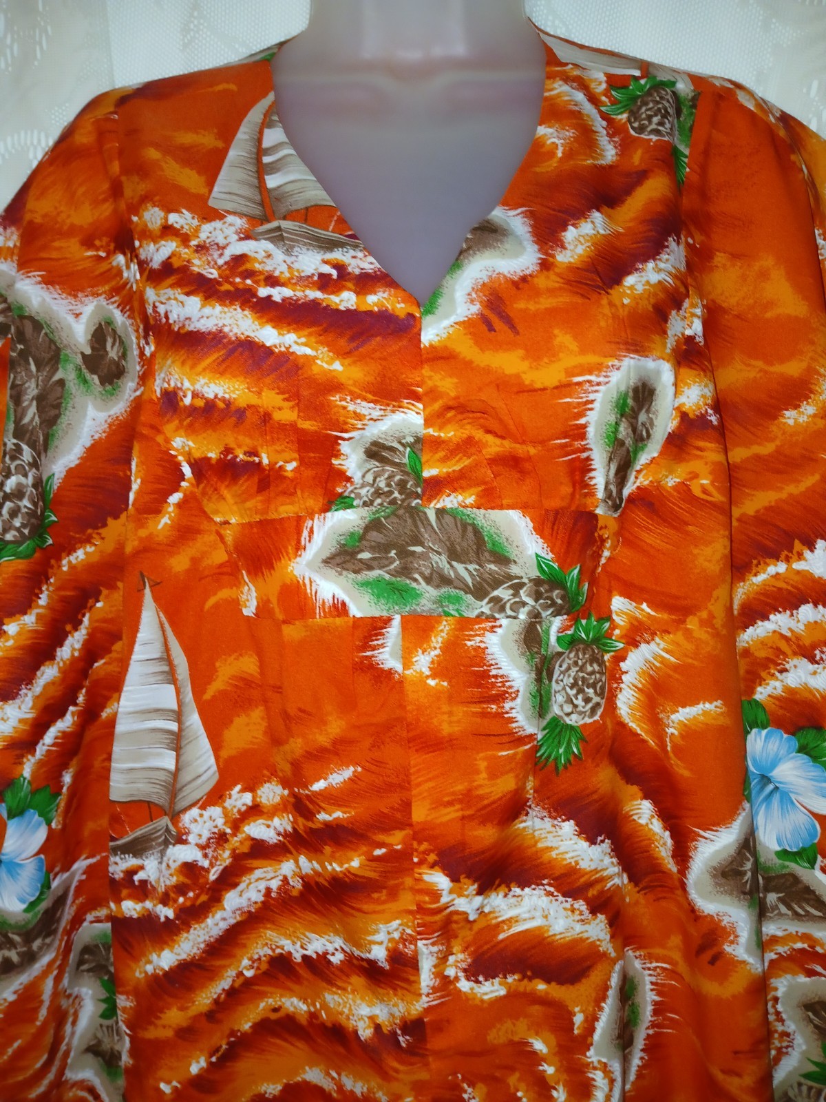 Vintage 70s Hawaiian Islands Pineapple Orange Muumuu Caftan Dress Tiki Oasis S/M