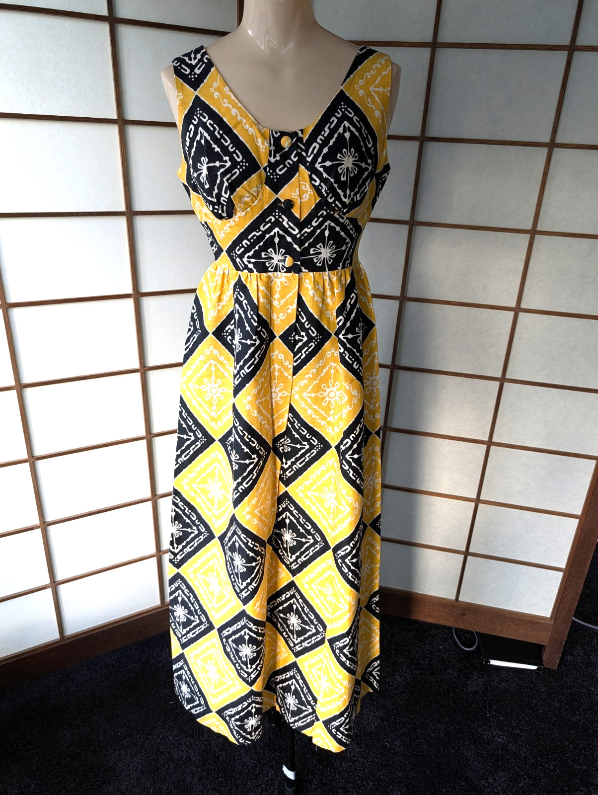 Vtg 70s Malama Hawaii Liberty House Maxi Dress MuuMuu Ylw & Blk Tribal Print XS