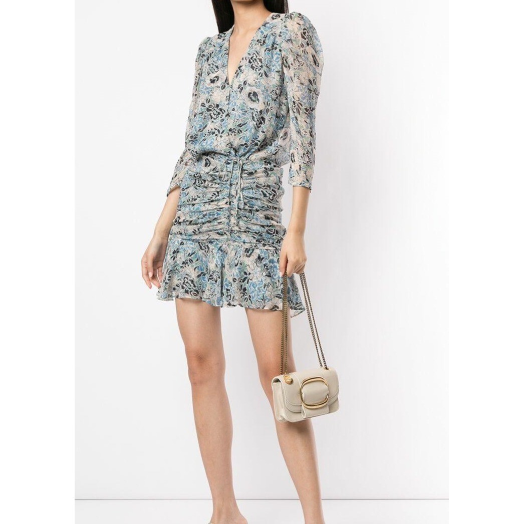 VERONICA BEARD Maggie Blue Floral 100% Silk Wrap Dress Ruched Boho Romantic
