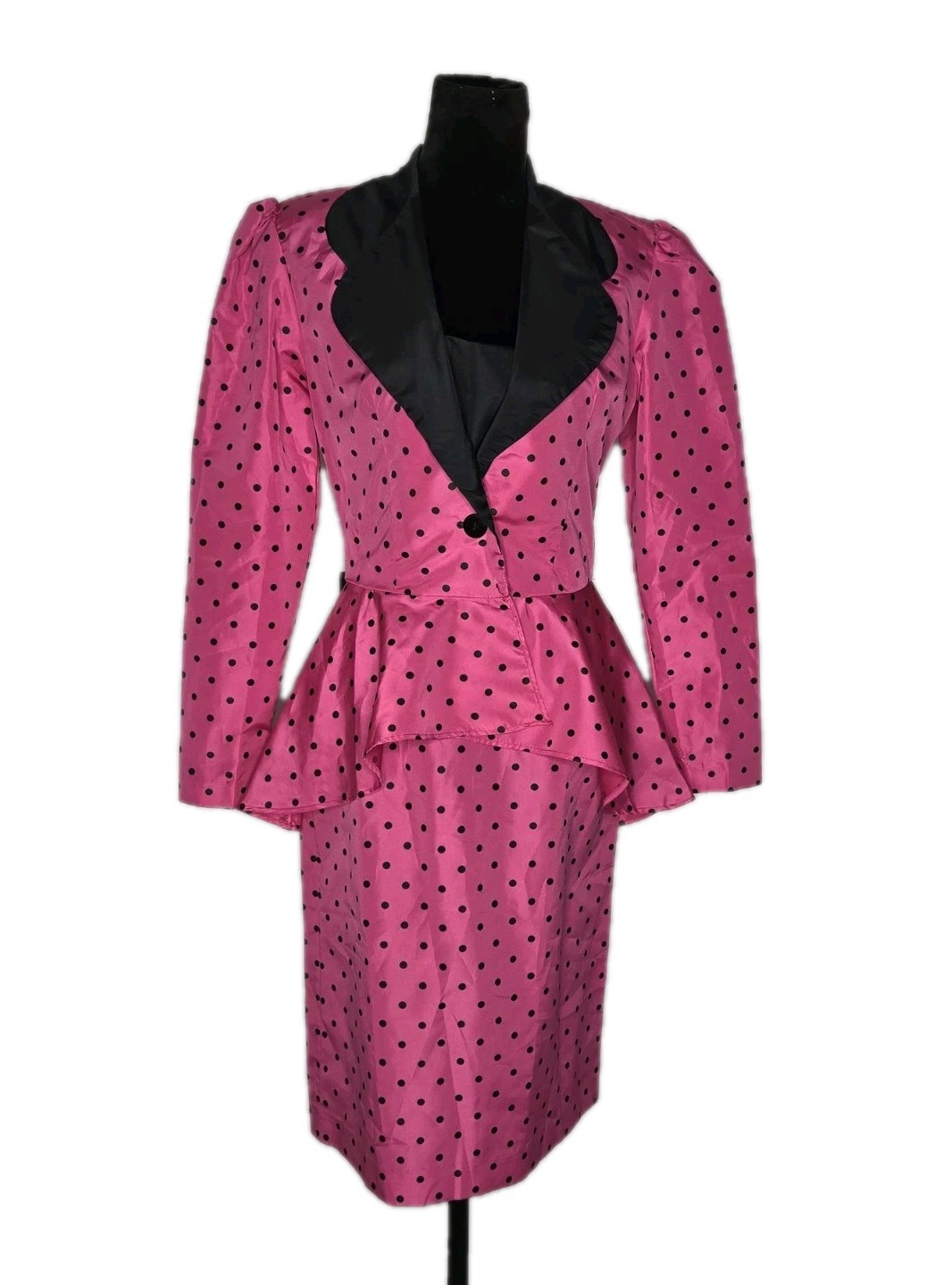 VTG 80s Lerner Hot Pink Polka Dot Peplum Skirt Suit Set Bow Back No Tag Fit Sz 6