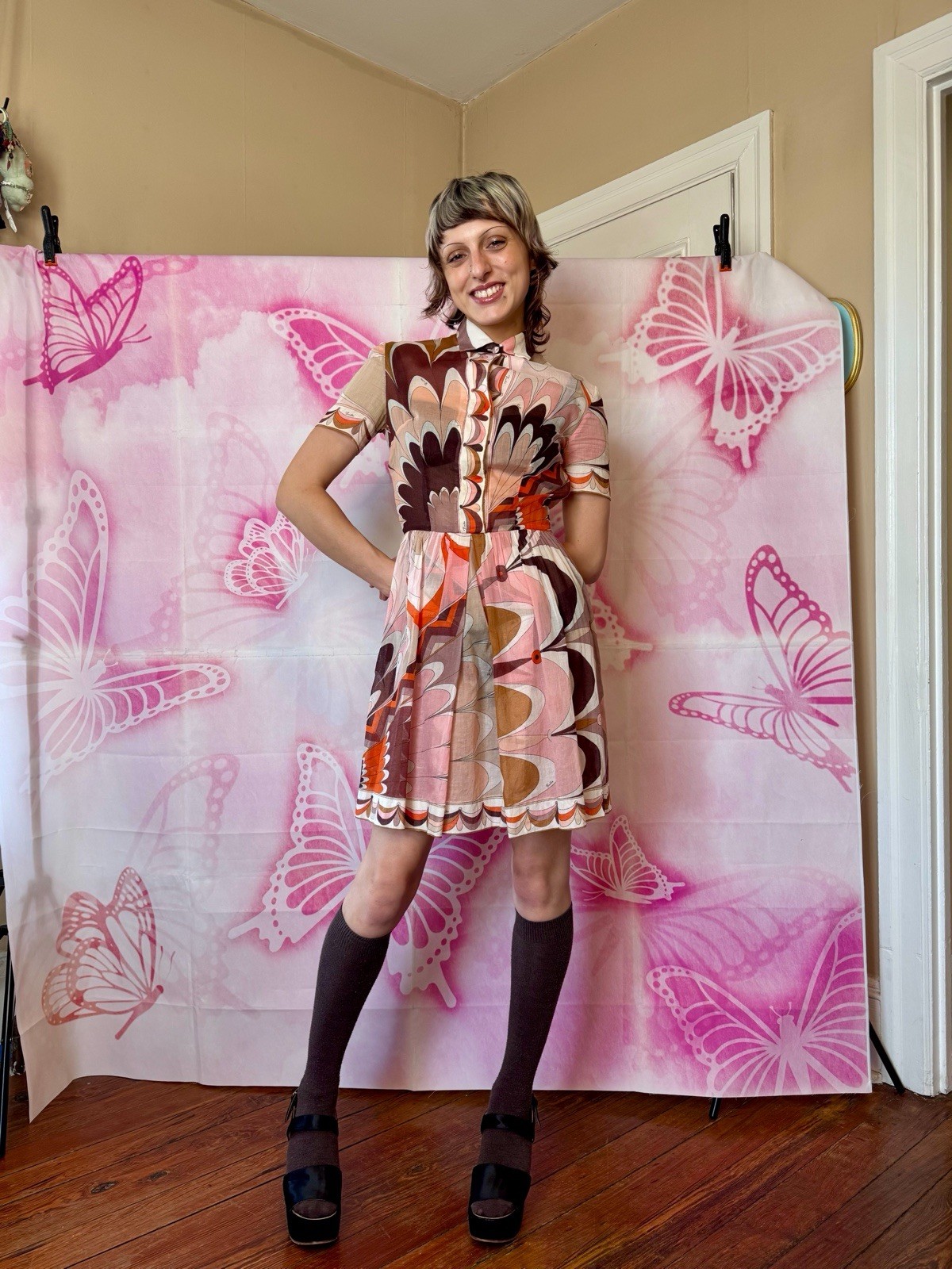 1960s Emilio Pucci Pink-Orange-Brown Psychedelic Printed Cotton ss Dress