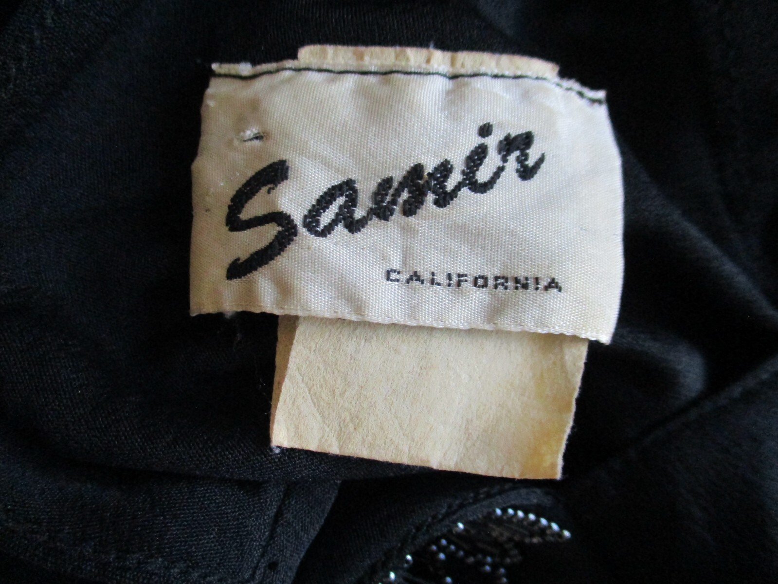 Vtg Samir California Dress Fitted Bead Black Strtch Poly V-Neck Ruched S/M Women