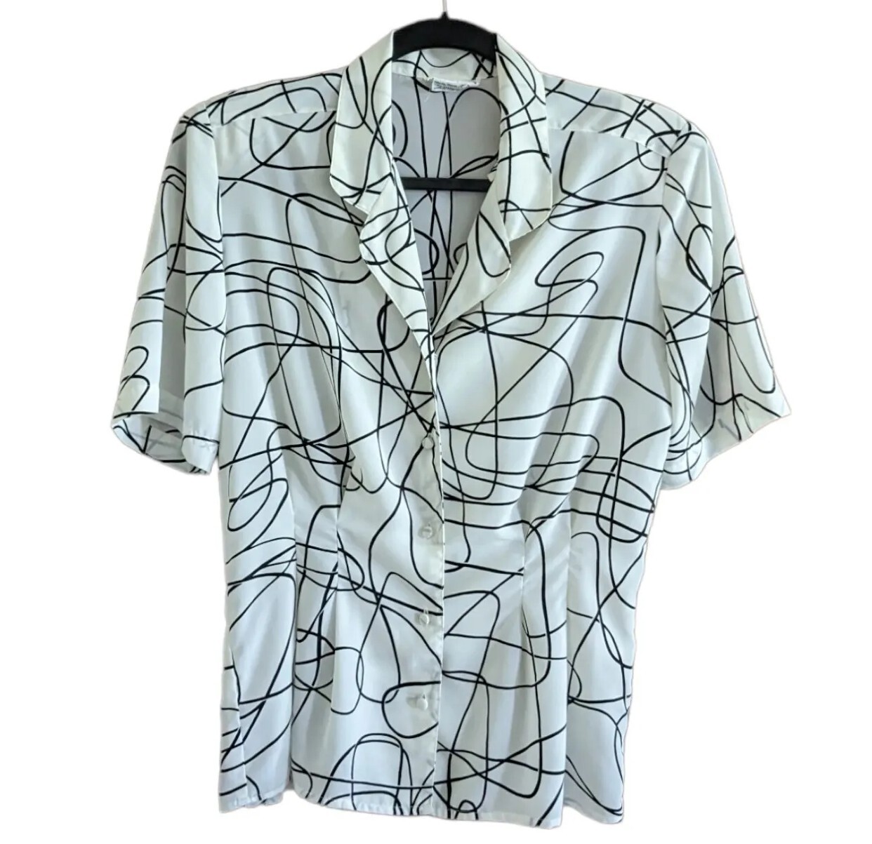 Vtg 80s M/L Lloyd Williams Black White Abstract Blouse Art to Wear New Wave Work