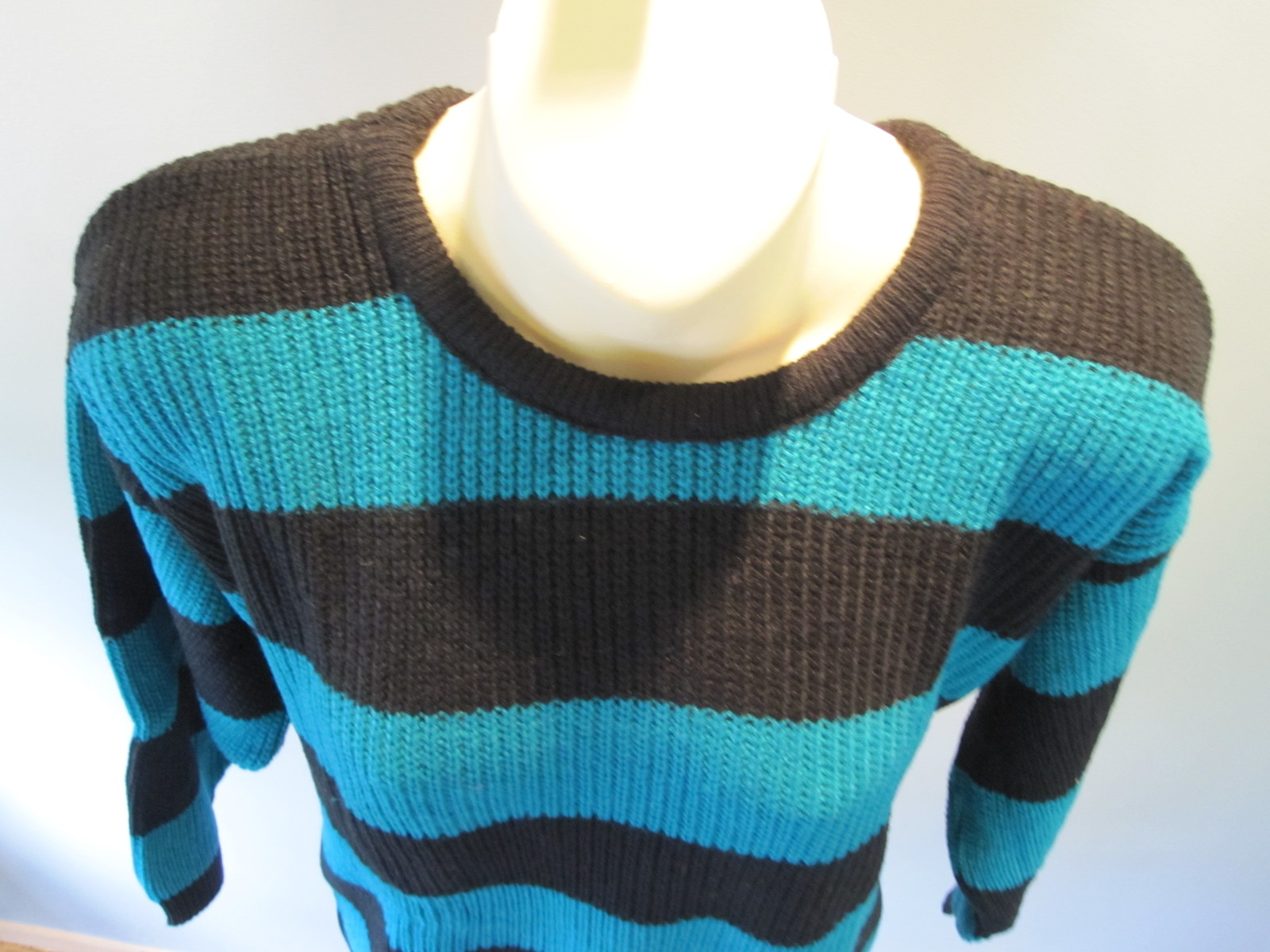 NOS RETRO 80S SWEATER TUNiC TOP 2 TONE EMERALD GREEN BLACK STRiPED VEGAN DiSCO M