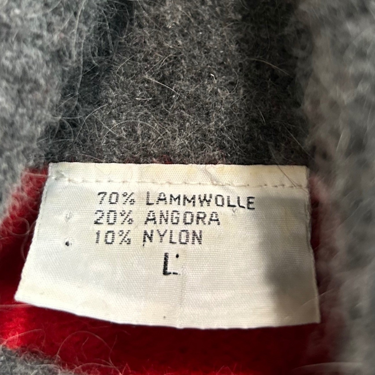 Vtg Lambswool Angora Tunic Sweater Women L Gray Red Colorblock Cowl Neck Fuzzy