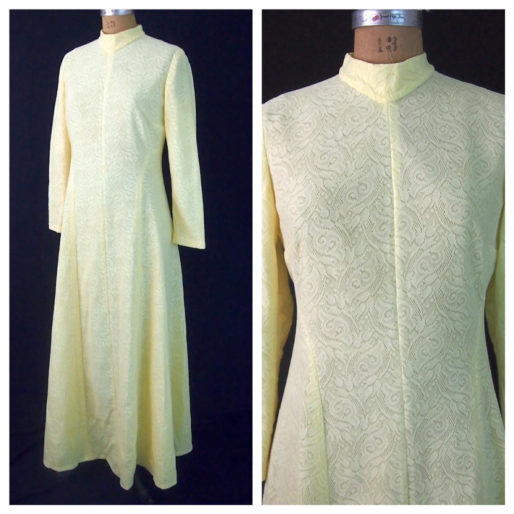 vtg 70s Yellow Sheer Lace Poly Prairie Festival Maxi Dress Victorian Hippie M