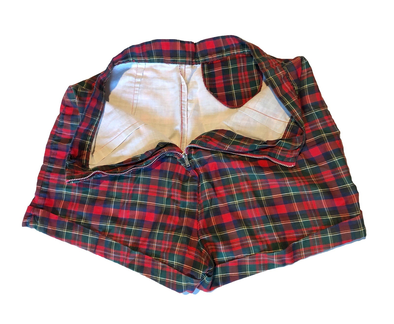 Vintage 1950s Red Plaid High Waist Shorts back Zip Rockabilly Pinup W27 H38