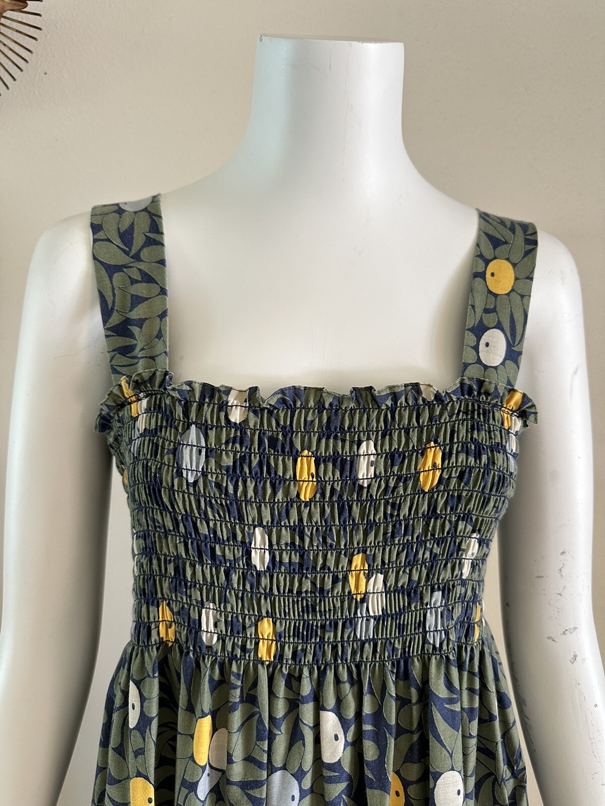 1970s Olive Print Smocked Maxi Dress Cotton Blend Hostess Resort Sundress OS VTG