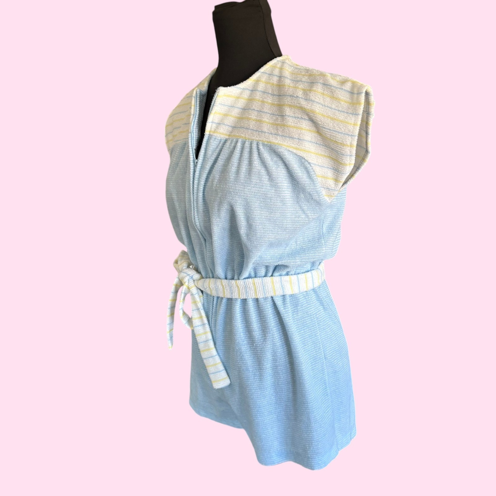 Vintage 70s Pastel Blue Striped Terry Cloth Romper Playsuit by Gina Size M