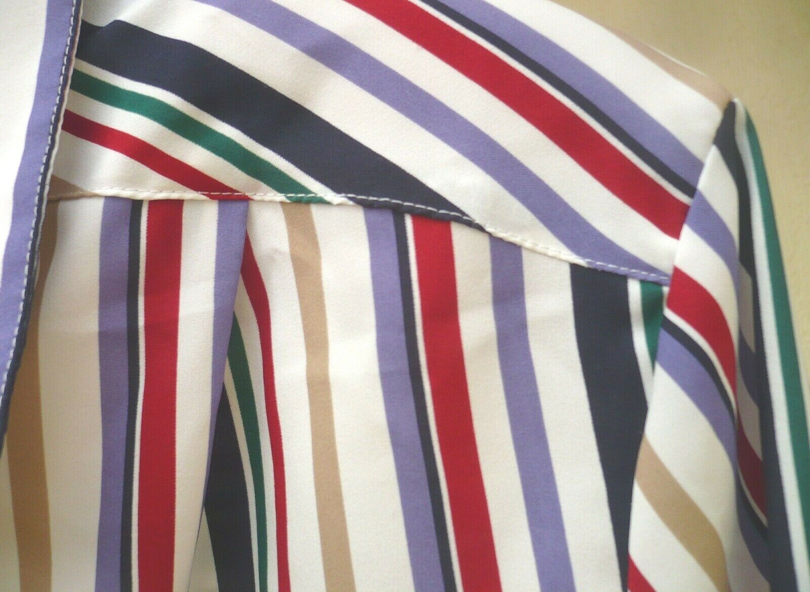 VTG 80S L BUTTON UP COLORFUL RED PURPLE GREEN TAN STRIPED SECRETARY BLOUSE WOMEN