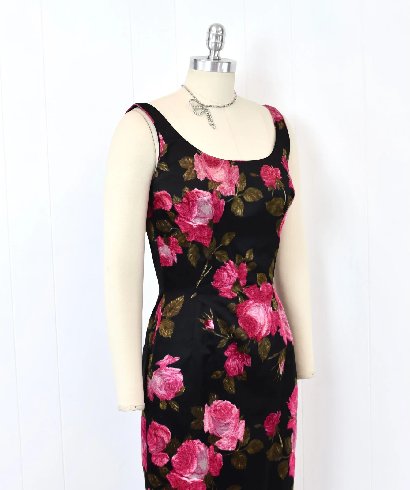 Vintage 1960s Mr. Blackwell Pink Floral Black Silk Gown Dress with Matching Wrap
