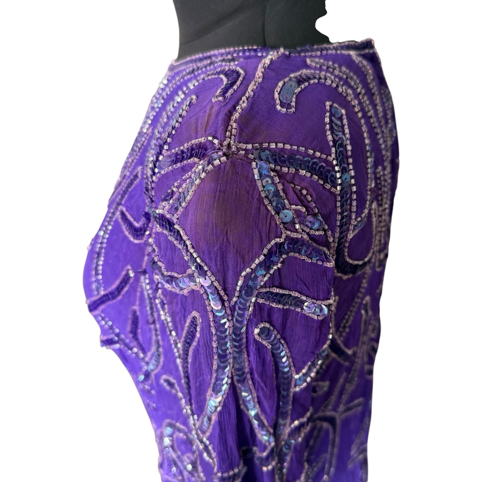 Vintage Carina Purple 100% Silk Beaded Long Sleeve Mini Dress